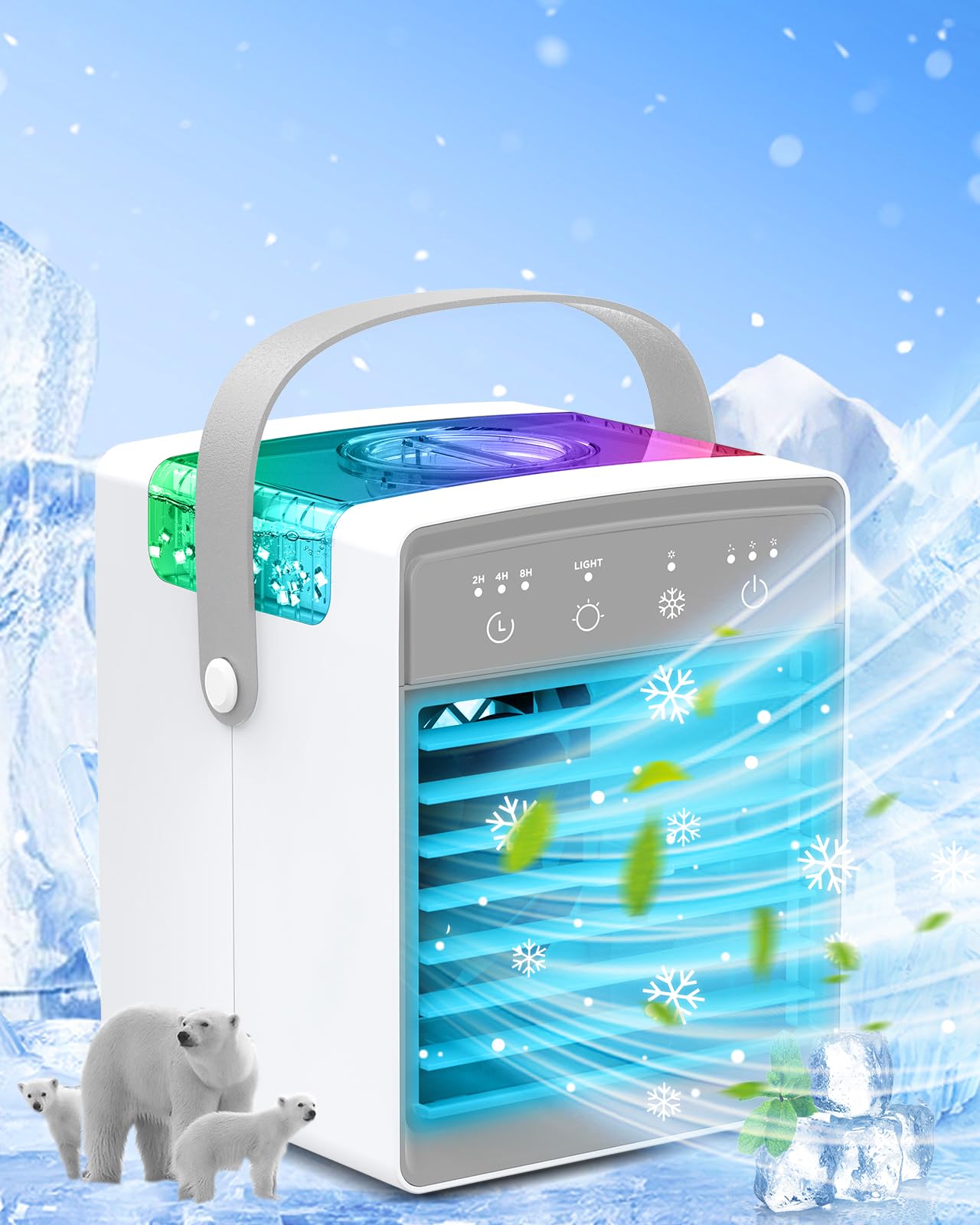Portable Air Conditioner with 3 Wind Speeds & 7 LED Lights - 4-in-1 Evaporative Cooler with 300ml Large Water Tank - Mini AC Unit for Bedroom, Home, Office, Car, Camping - Stay Cool Anywhere