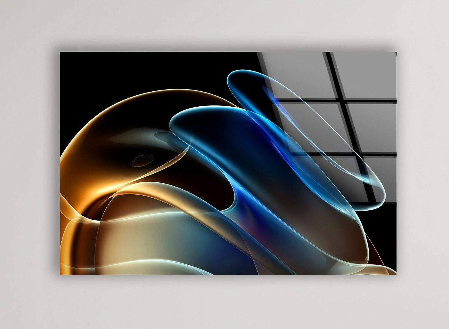 Blue Neon Wave Abstract Glass Wall Art - Modern Home Decor for Living Room, Bedroom & Office - Unique Handmade Glass Painting for Stylish Interior Design