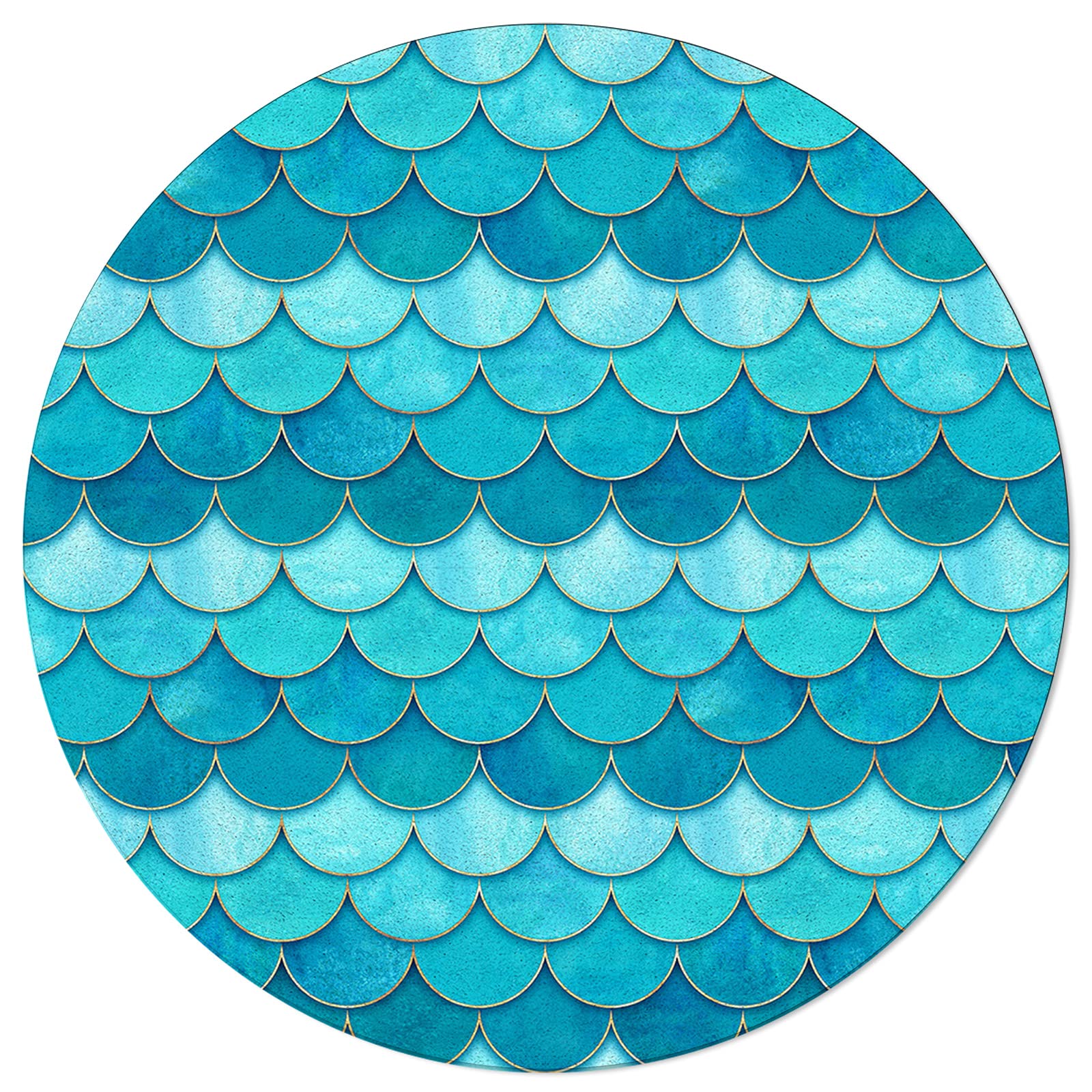 Ombre Teal Green Mermaid Fish Scale Washable Area Rug - 6FT Round Abstract Watercolor Carpet for Kids & Teens Bedroom, Living Room - Indoor/Outdoor Accent Floor Mat for Home Decor, Dorm, Nursery, Playroom