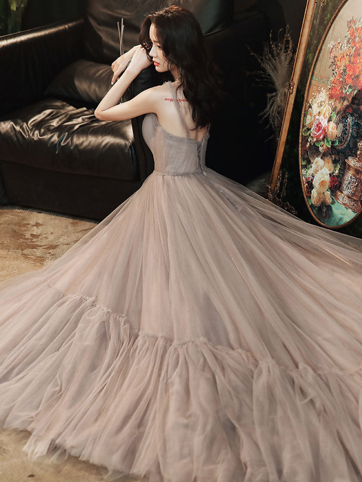 Elegant Gray V-Neck Tulle Long Prom Dress for Women - Formal Evening Gown for Homecoming, Ball, and Special Occasions