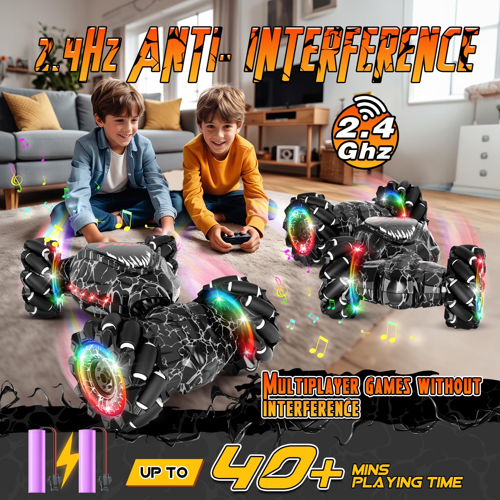 RC Stunt Car 2.4GHz Remote Control, LED Gesture Sensing & 4WD Double Sided Off-Road Drift Car with Lights & Music - All Terrain Rotating Toy for Boys Girls Kids Birthday Christmas Gifts (Black)