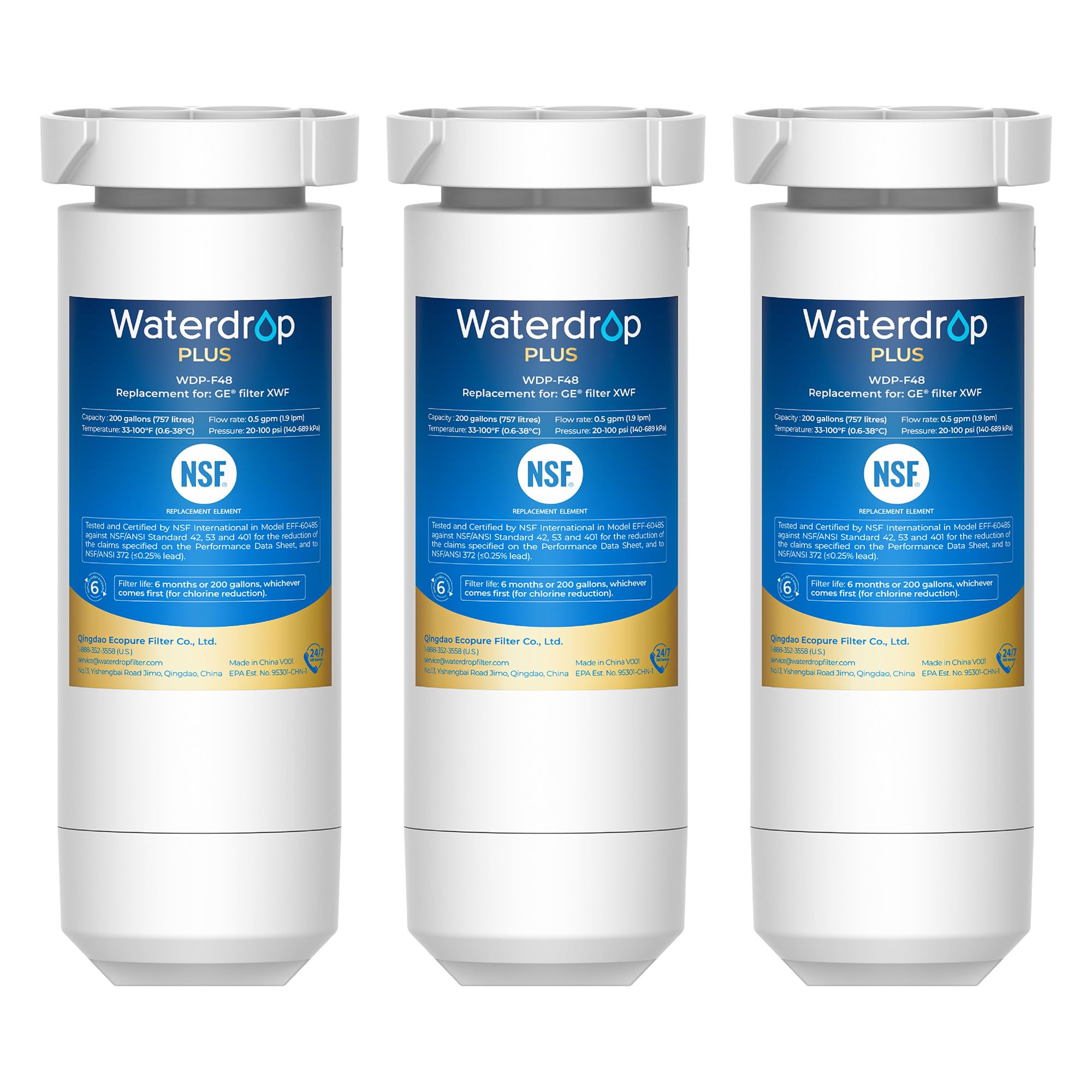 GE XWF Refrigerator Water Filter Replacement (WR17X30702) - 3 Pack, NSF 401, 53 & 42 Certified - Compatible with GDE25, GFE26, GNE25, GNE27, GYE18 Models - Waterdrop Plus XWF Filter for Clean Drinking Water & Ice Making
