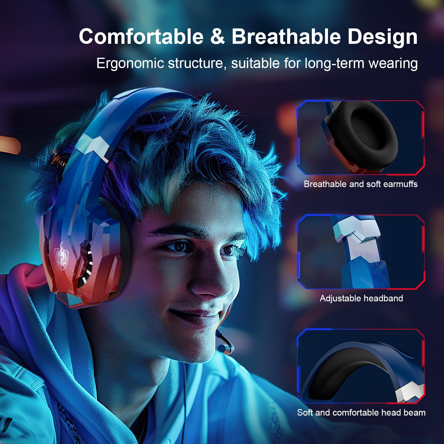 PHOINIKAS 2.4GHz Wireless Gaming Headset for PS5, PS4, PC, Nintendo Switch - Over Ear Headphones with Noise Cancelling Mic, 7.1 Surround Sound, 40+ Hour Battery Life (Dazzle Blue) - Perfect for Competitive Gaming, Streaming & Late-Night Sessions