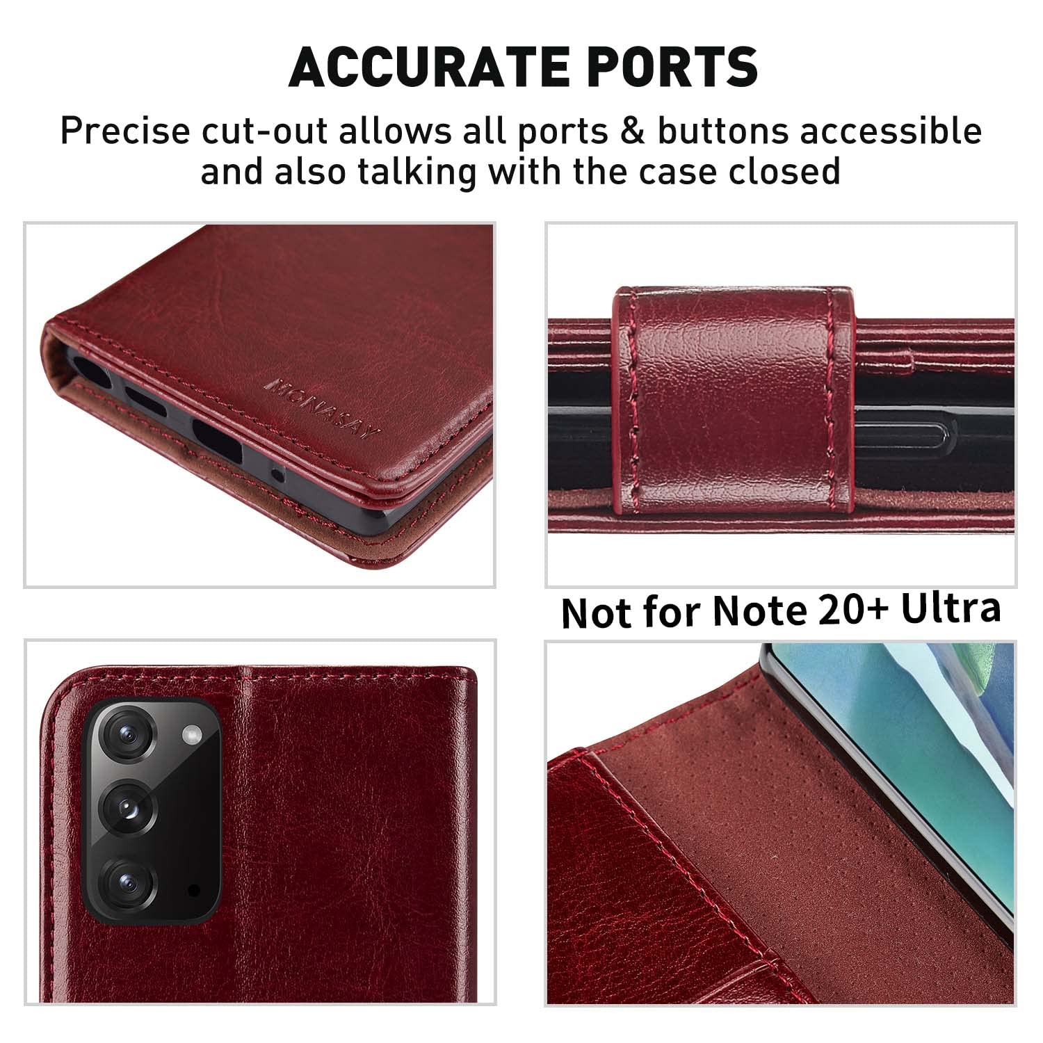 MONASAY Leather Wallet Case for Samsung Galaxy Note 20 5G (6.7 Inch) - RFID Blocking Flip Folio Cover with Credit Card Slots & Included Screen Protector - Burgundy Red - Perfect for Business Travel & Daily Use
