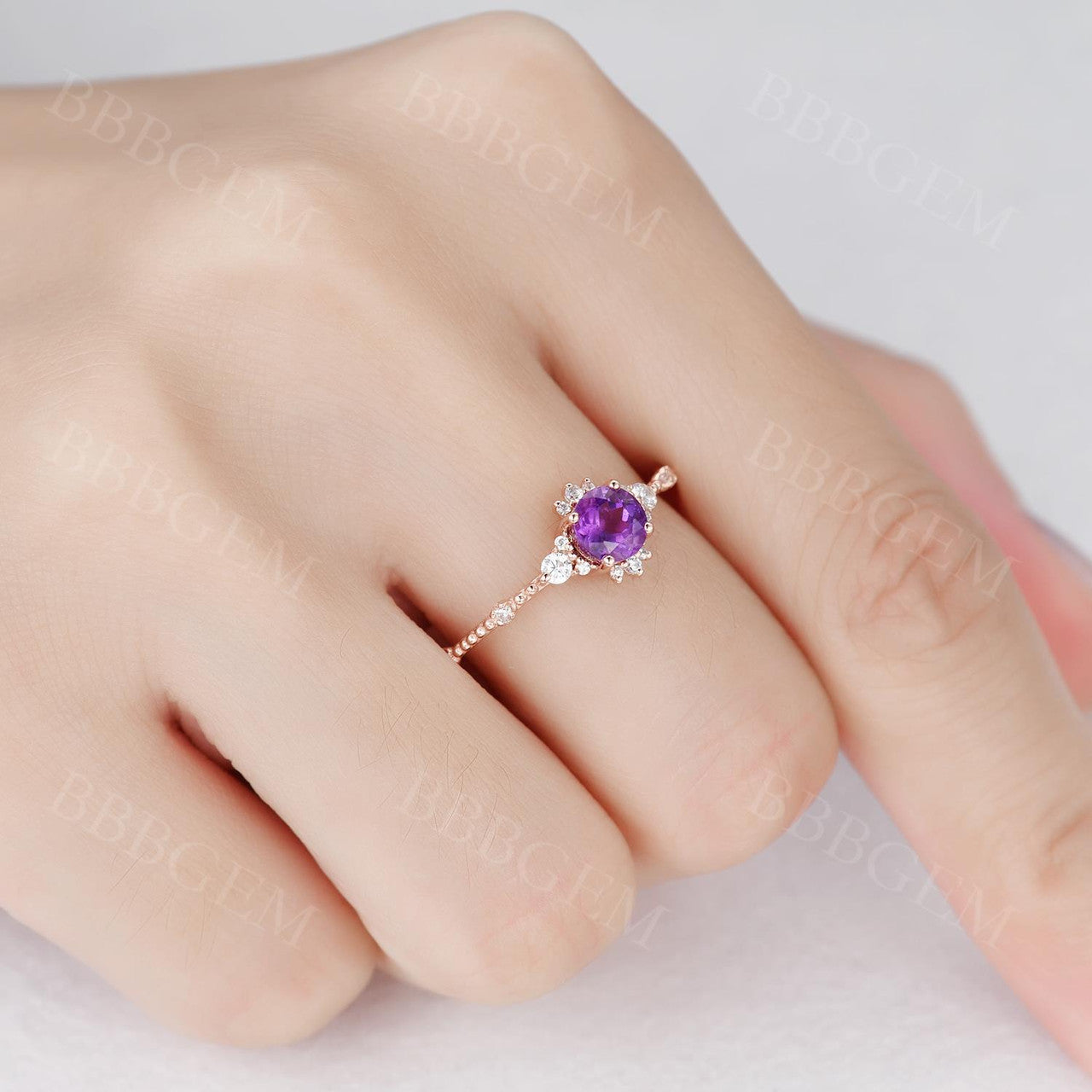 5mm Round Cut Amethyst Engagement Ring - Dainty Purple Gemstone & Diamond Wedding Band for Women | Perfect for Proposals, Anniversaries & Romantic Occasions