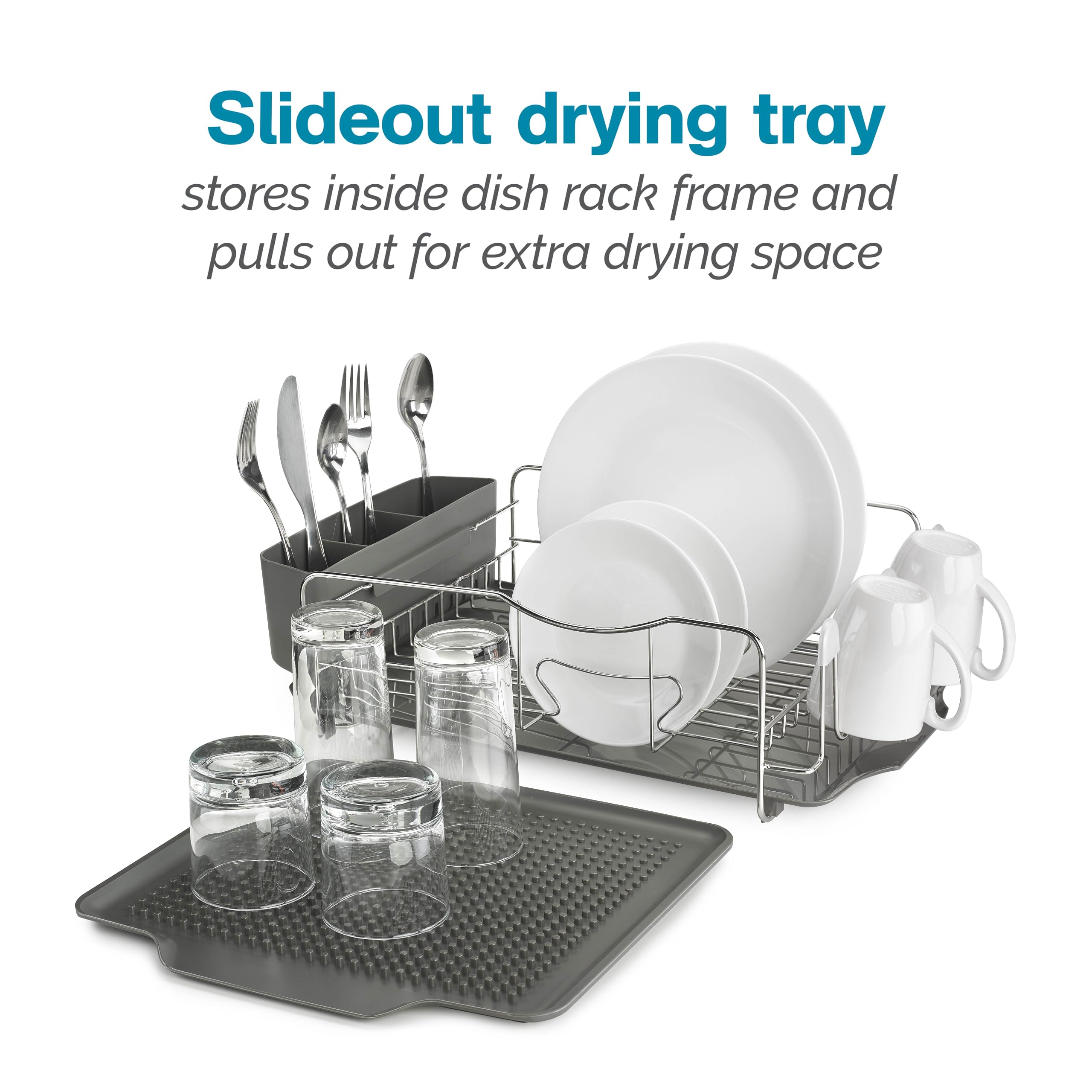 Polder KTH-615 4-Piece Dish Drying Rack Set with Drain Tray, Removable Drying Tray & Cutlery Holder - Stainless Steel & Plastic Dish Organizer for Kitchen Countertop - Perfect for Small Spaces, Apartments & RV Kitchens