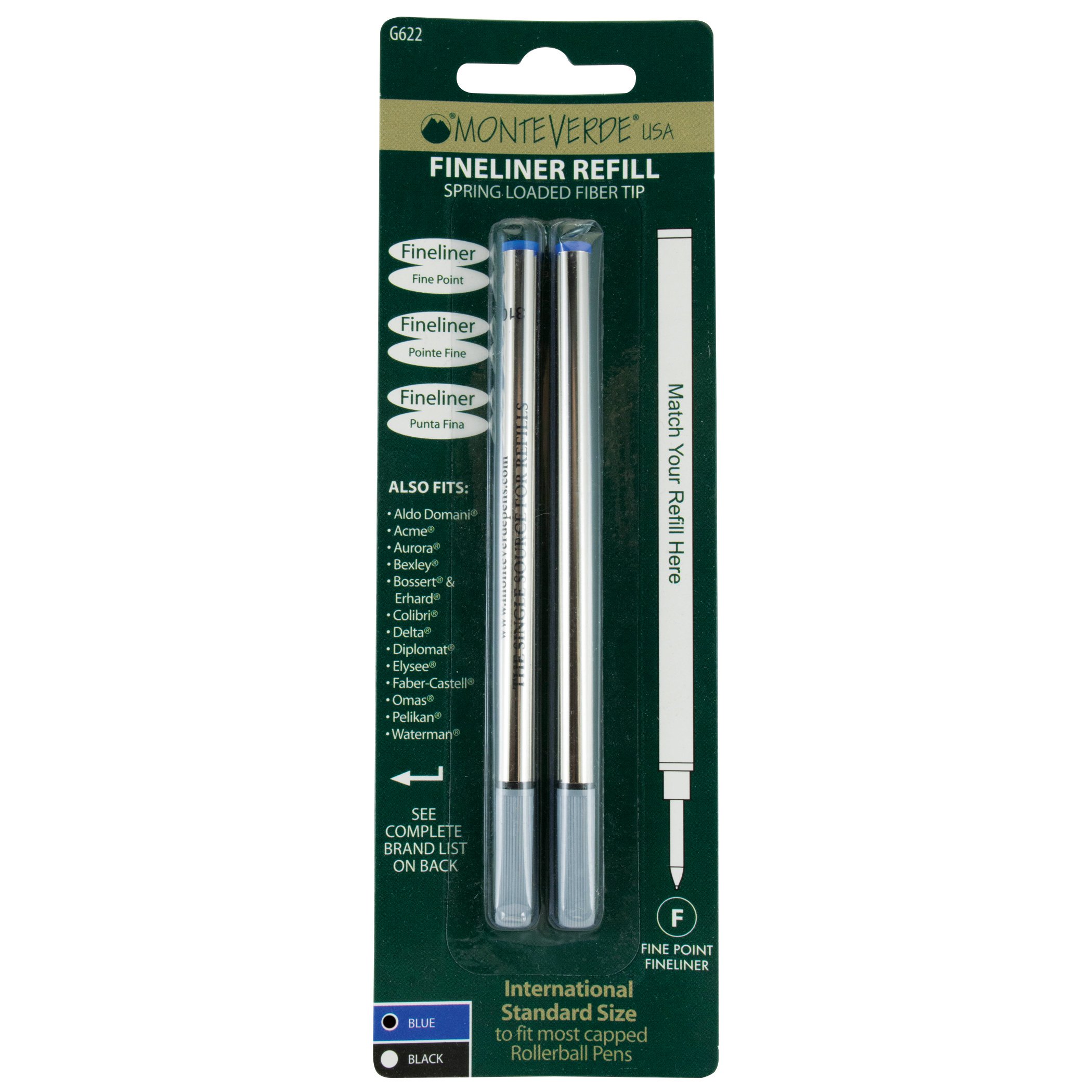Monteverde G624BU Fine Liner Refills - 50 Pack, Blue Ink, Spring Loaded for Smooth Writing - Perfect for Rollerball Pens, Office, School & Note Taking