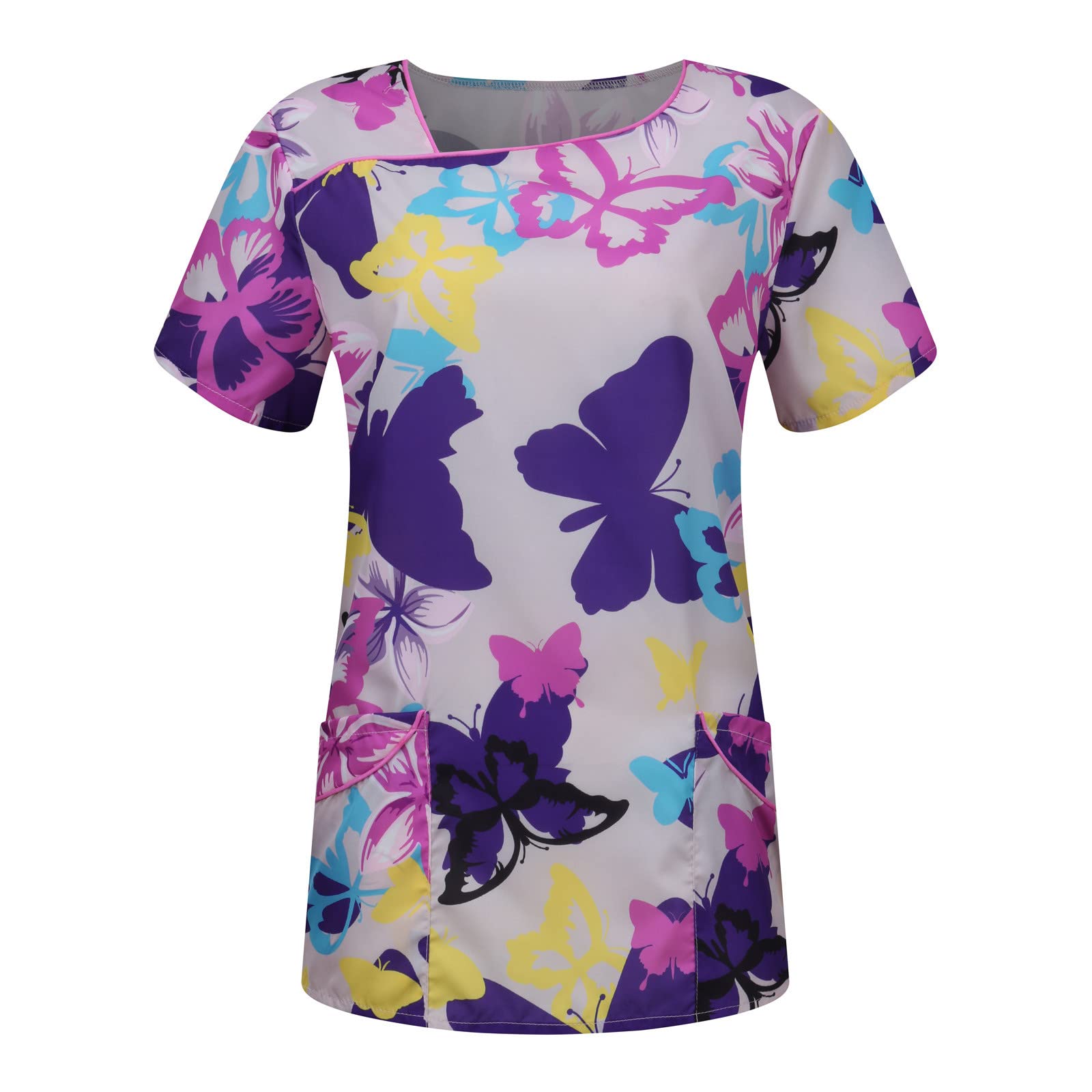 Butterfly Print Plus Size V-Neck Scrub Top - Stretch Nursing Uniform for Women | Comfortable Holiday Workwear for Nurses & Healthcare Professionals