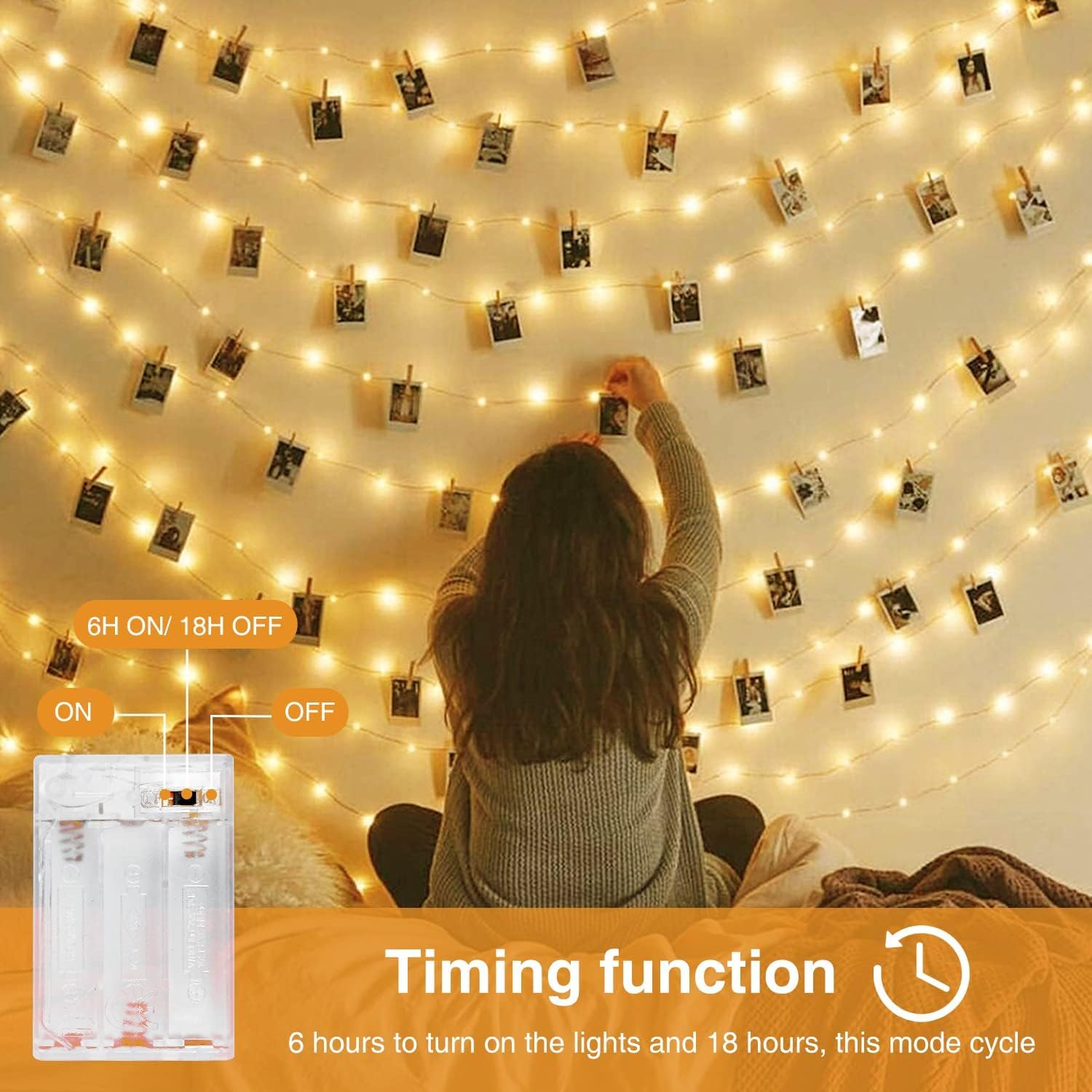 50 LED Photo Clip String Lights with Timer - 5M Battery Powered Fairy Lights with 30 Clips for Bedroom, Birthday, Wedding & Party Decor (Warm White) | Perfect for Wall Display, Photo Frames, Nursery, Christmas Tree & Outdoor Events