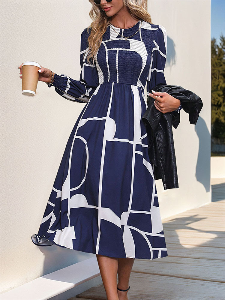 Elegant Smocked Color Block Long Sleeve Midi Dress for Women | Flowy Boho Chic Style | Perfect for Weddings, Parties & Special Occasions