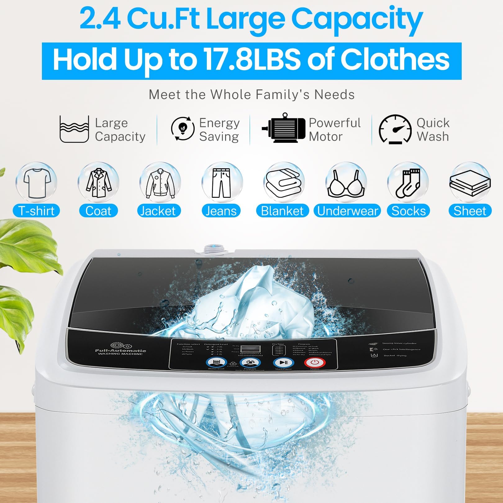 Nictemaw 17.8Lbs Full Automatic Portable Washing Machine - 2.4 Cu.ft Compact Laundry Washer with 10 Wash Programs, 8 Water Levels, Drain Pump & LED Display - Perfect for Apartments, Homes, RVs, Camping & Small Spaces