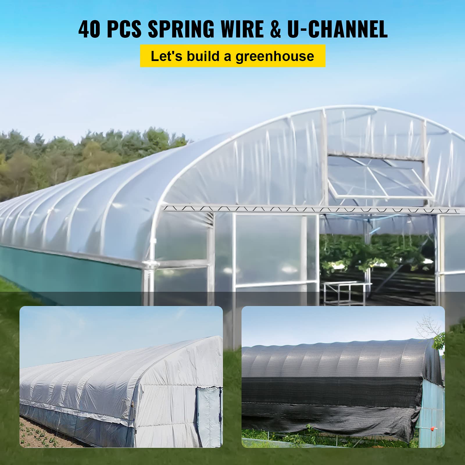 VEVOR 40-Pack Greenhouse Spring Wire & Lock Channel Kit - 6.56ft PE Coated Aluminum Alloy with Screws for Plastic Poly Film or Shade Cloth Attachment (Silver) - Perfect for DIY Greenhouse, Garden Shed & Plant Protection