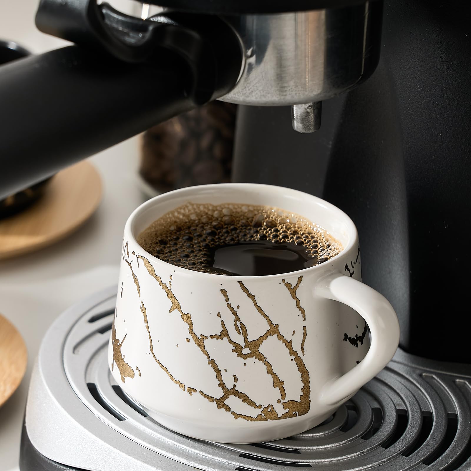 LUKA 6-Piece Ceramic Espresso Cups Set with Saucers & Metal Stand - 4 oz Small Porcelain Demitasse Cups for Double Espresso, Cappuccino, Tea - Elegant Marbling White Design - Perfect for Home Coffee Bars, Cafés & Gifts