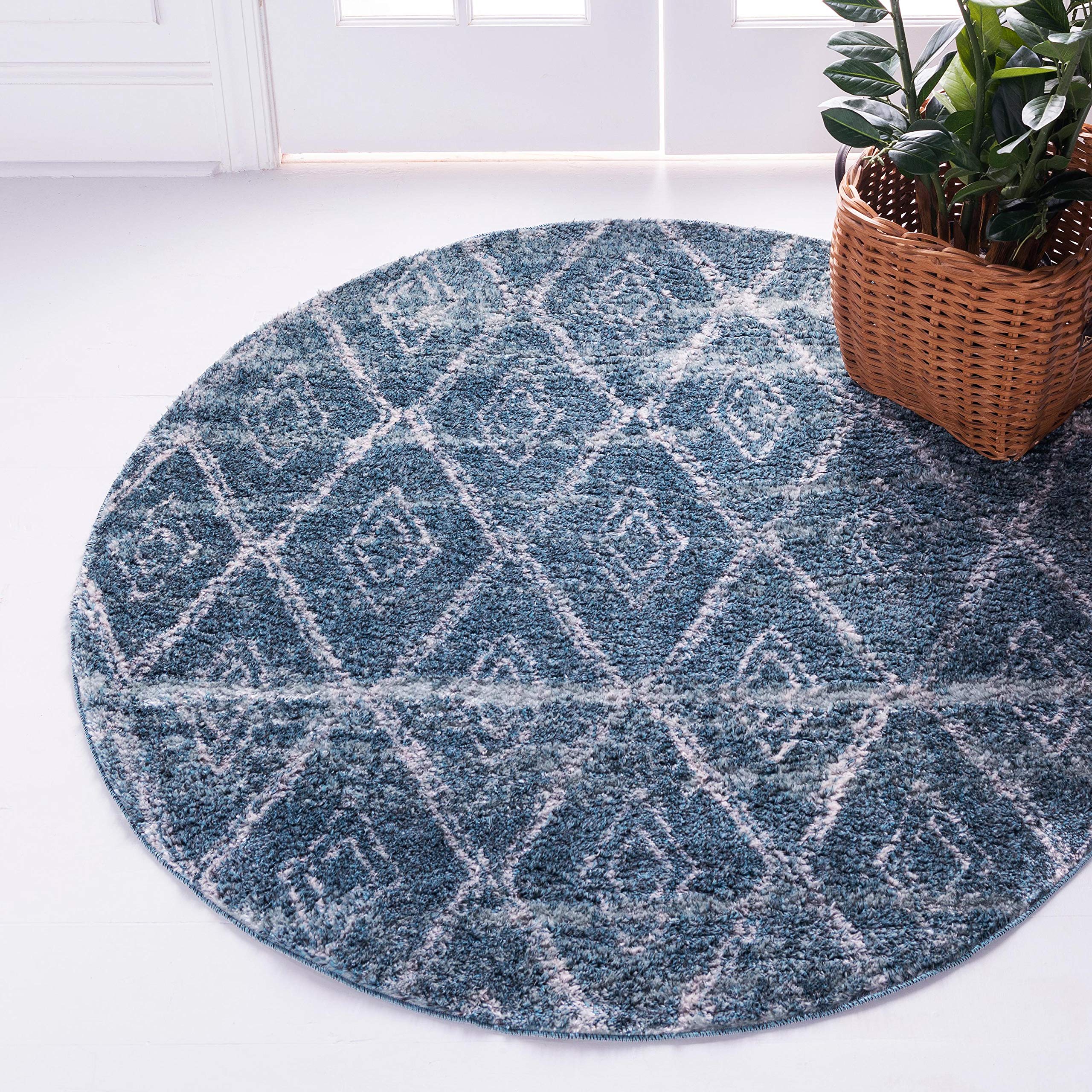 Unique Loom Titan Collection Modern Geometric Soft Shaggy Pile Dark Blue Round Area Rug 4'7