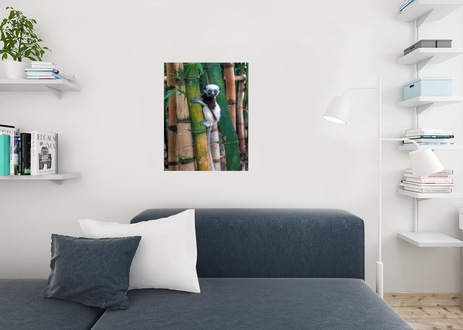 Madagascar Sifaka Baby Lemur in Bamboo Tree - Primate Wall Art Poster, Monkey Decor Painting for Living Room & Bathroom - Tropical Jungle Art Print 24x36 - Perfect for Home, Office & Nursery Decor