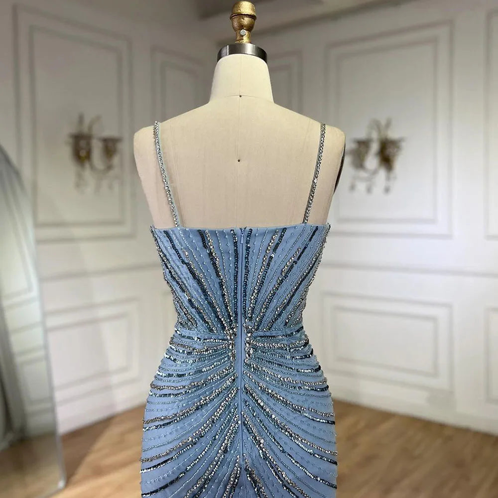 Elegant Dubai Blue Beaded Spaghetti Strap Mermaid Evening Gown with High Slit - Luxury Women's Formal Dress for Weddings, Galas & Red Carpet Events - Perfect for Prom, Cocktail Parties & Special Occasions