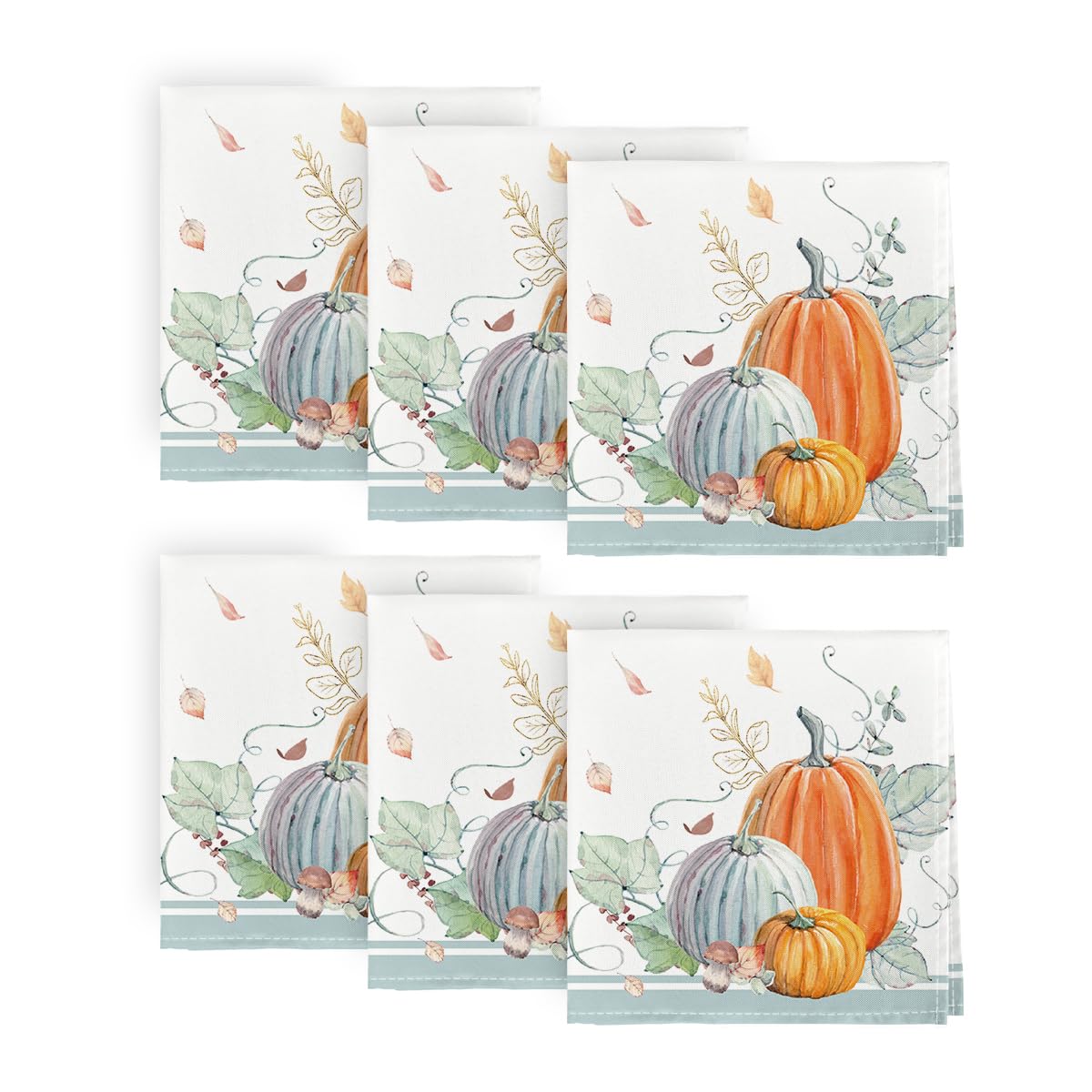 Horaldaily 18x18 Inch Fall Cloth Napkins Set of 6 - Thanksgiving Harvest Orange & Blue Pumpkin Leaf Design, Washable Fabric Dinner Napkins for Autumn Parties, Holiday Decorations & Seasonal Table Settings