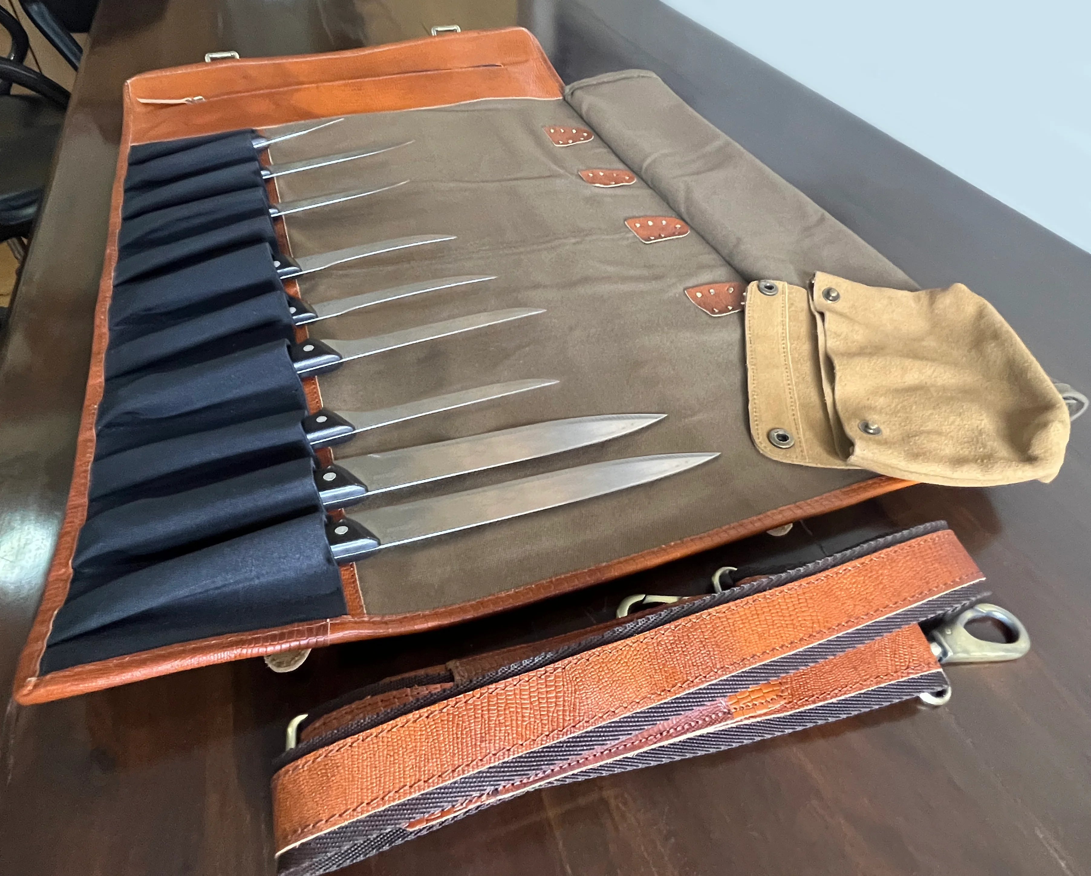 Premium Leather & Canvas Knife Roll Storage Bag for Chefs - Rust Brown - Perfect for Professional Kitchens, Culinary Schools & Home Cooking