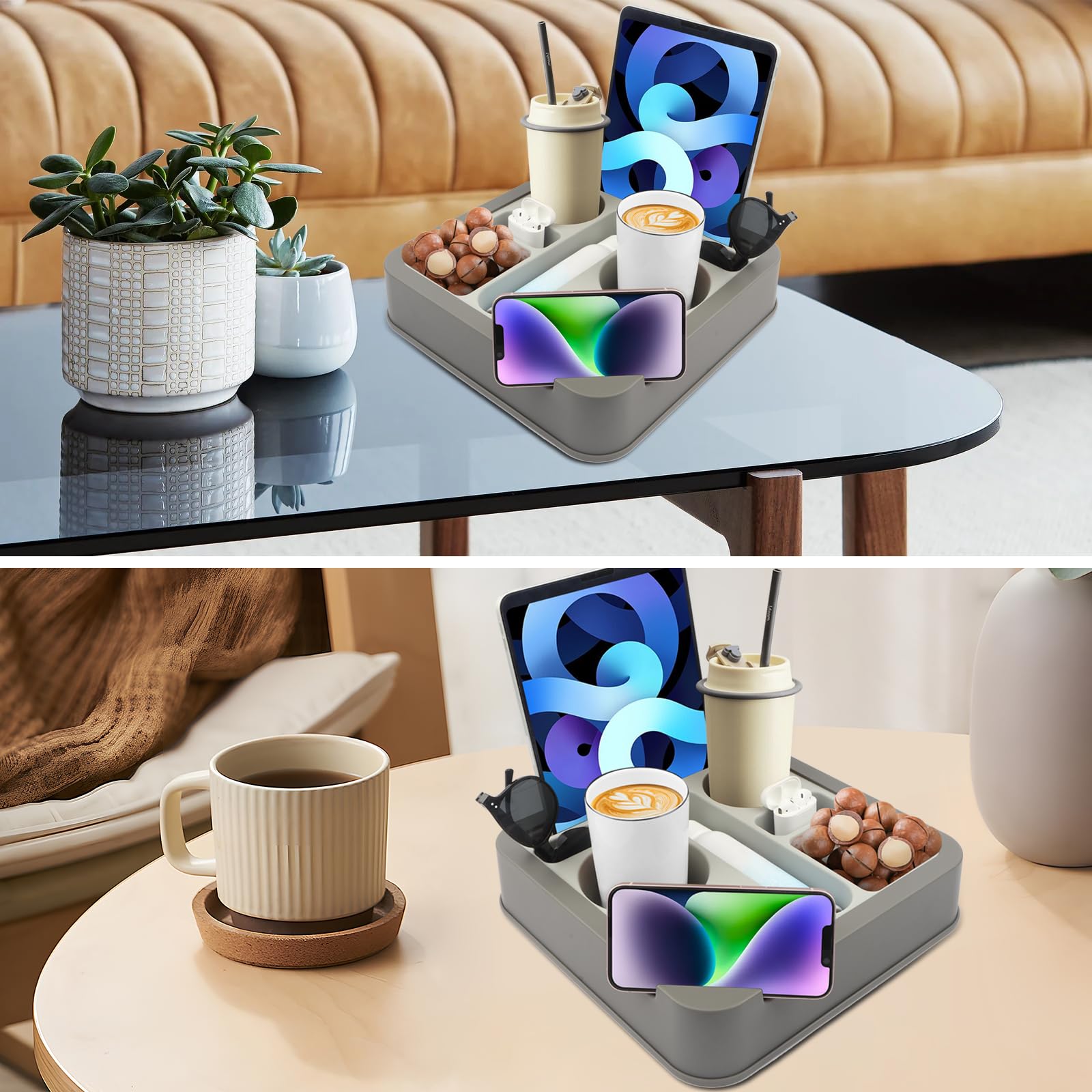 Premium Silicone Cup Holder Tray - Waterproof & Anti-Spill for Car, Bed, Couch - Holds Snacks & Drinks