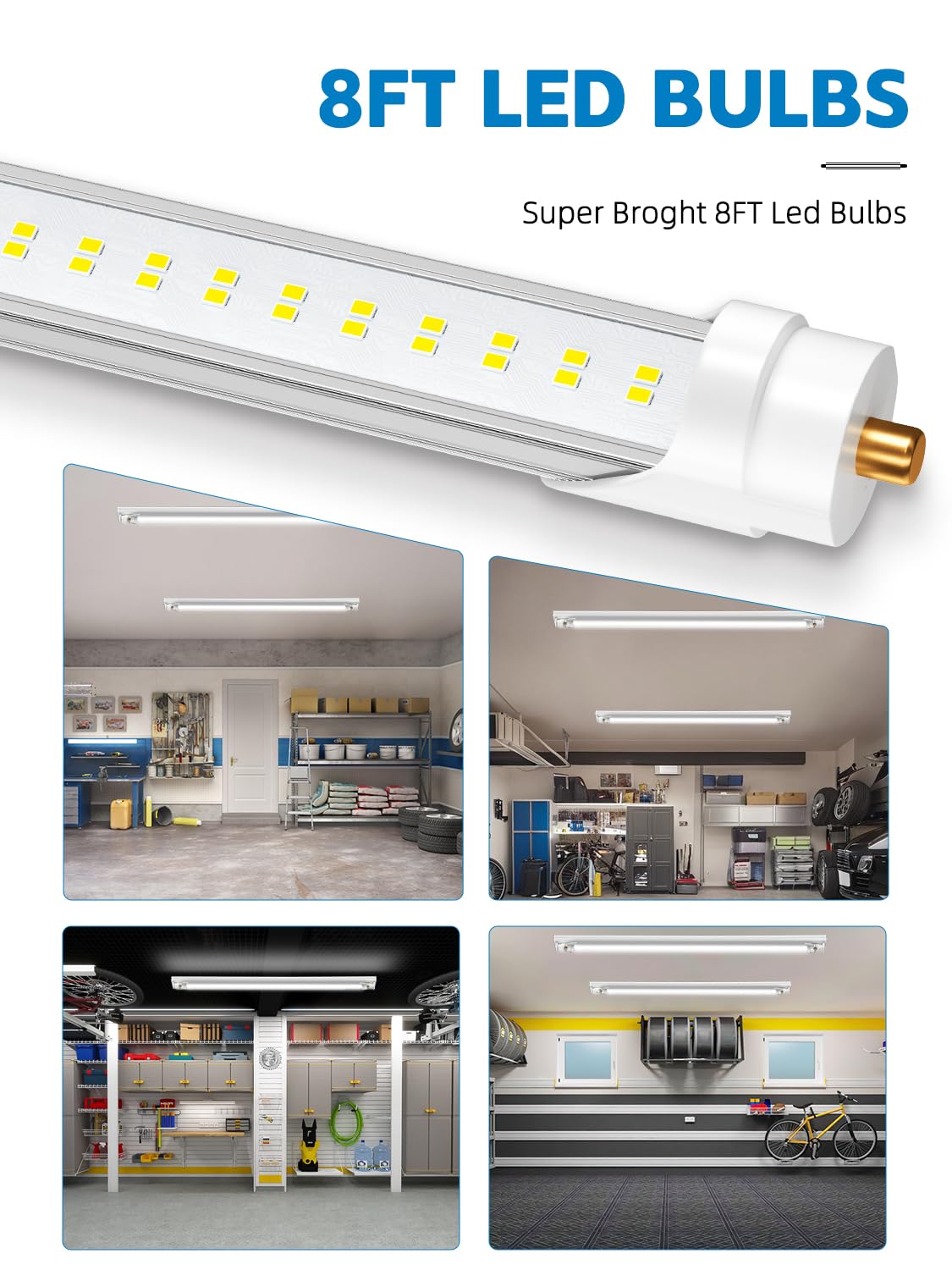 8FT LED Tube Lights - Super Bright 72W 9000lm 5000K Daylight, T8 T10 T12 LED Bulbs, FA8 Single Pin Base, Clear Cover - Energy Saving Replacement for Fluorescent Lights (Pack of 6) - Perfect for Garages, Warehouses & Office Lighting