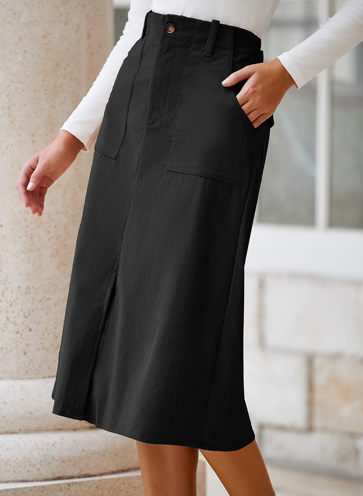 Happy Sailed Women's High Waist Split A-Line Corduroy Skirt - Casual Midi Skirt with Pockets for Work, Date & Fall Outfits