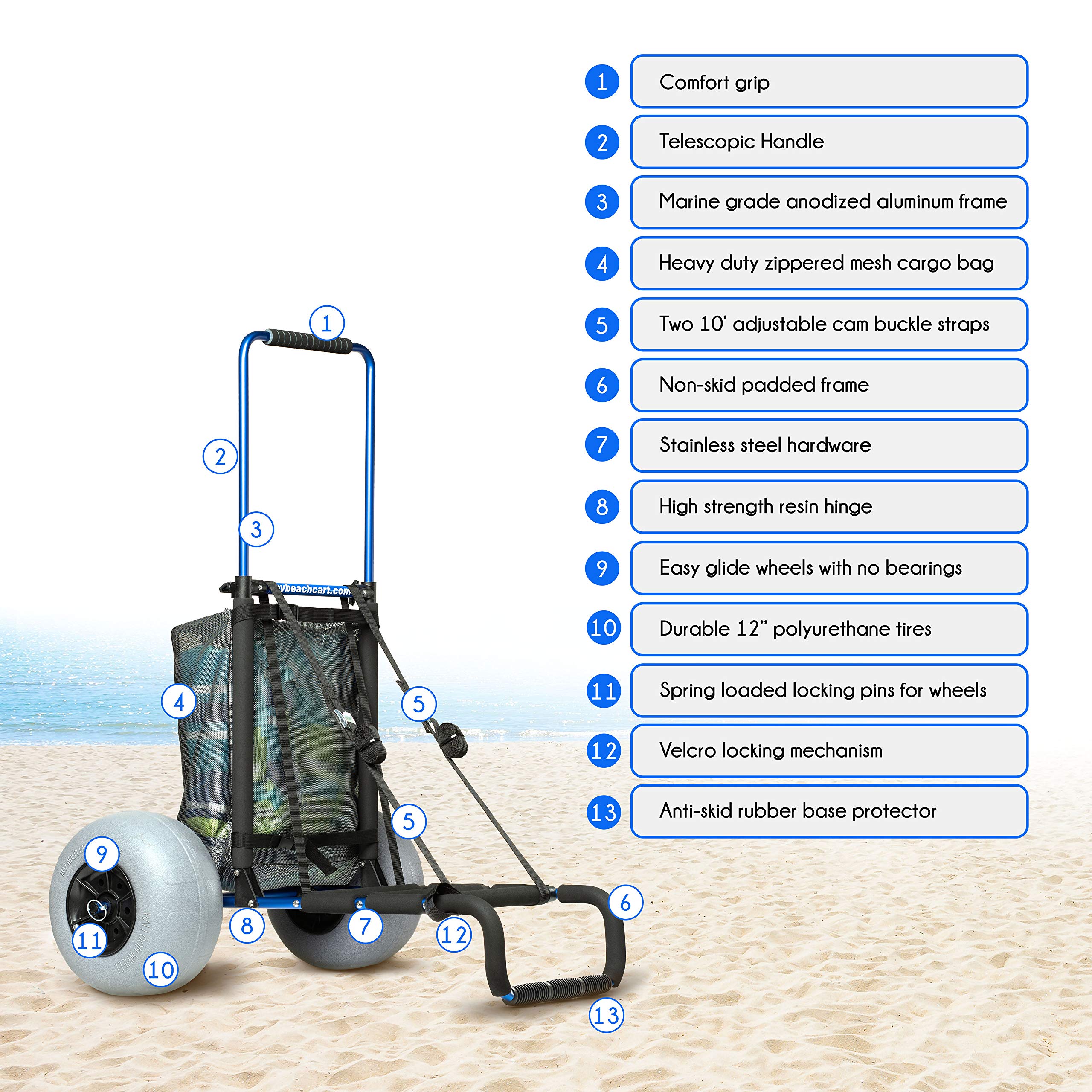 My Beach Cart® - Original Patented Rust-Free Aluminum Folding Beach Wagon with 13