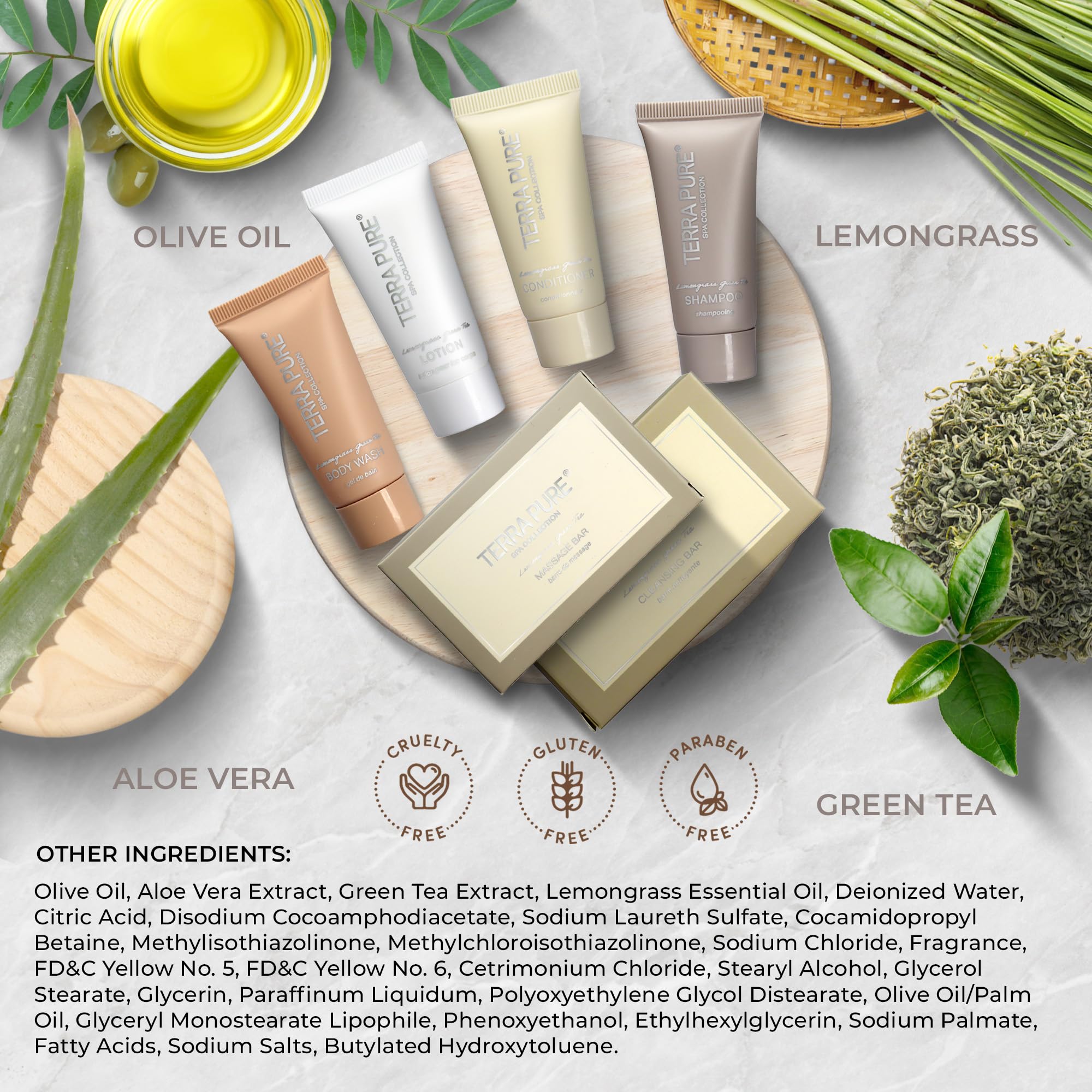 Terra Pure Spa Collection - 60-Piece Travel Amenity Kit with Shampoo, Conditioner, Lotion, Body Wash, Soap Bars, Shaving & Dental Sets, Makeup Remover Wipes | Perfect for Hotels, Spas, Airbnbs, and Luxury Travel Essentials