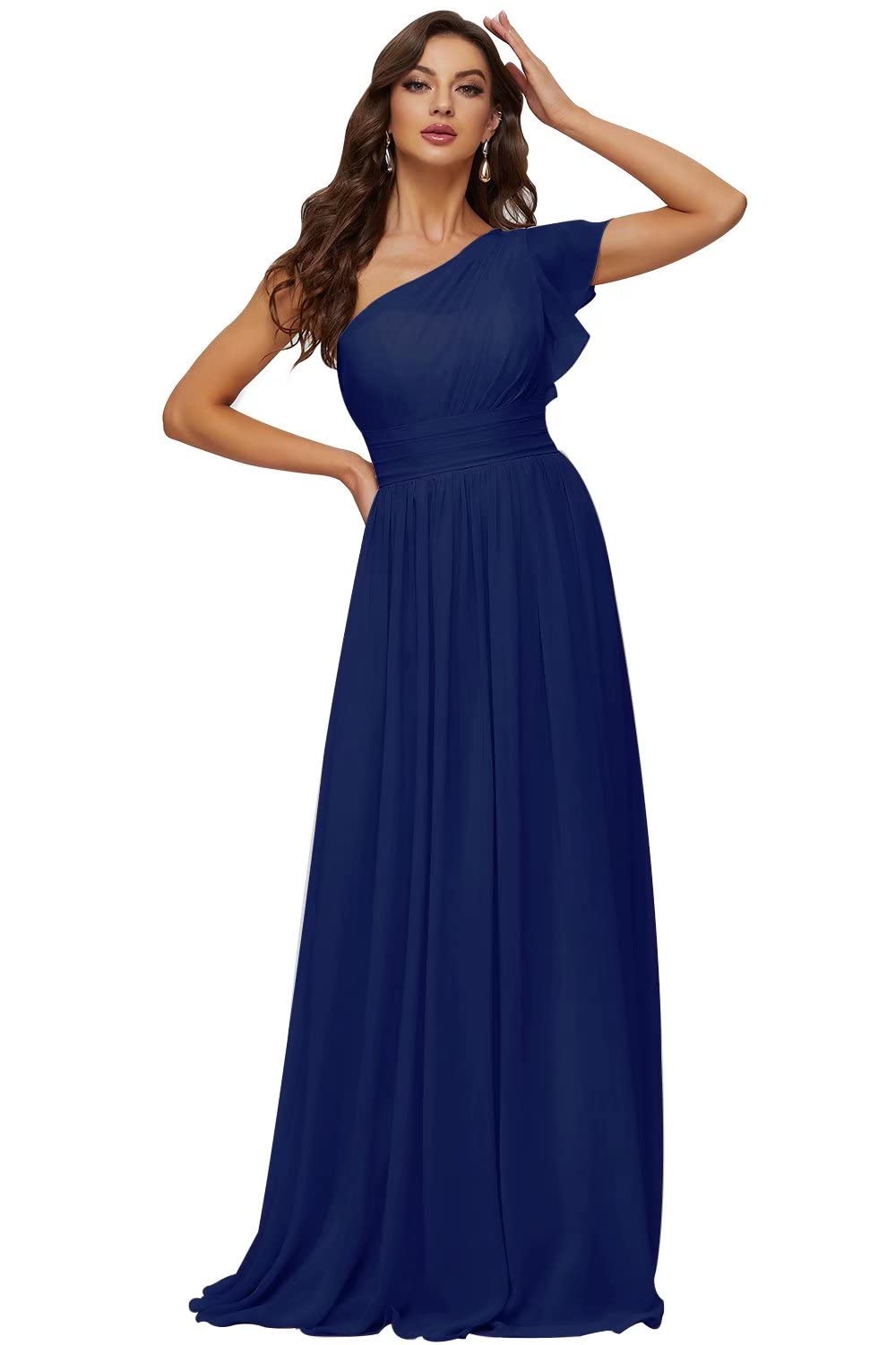 UZN Women's One Shoulder Bridesmaid Dress - Long Ruffle Sleeve Chiffon Pleated Wedding Guest Gown for Formal Events & Special Occasions