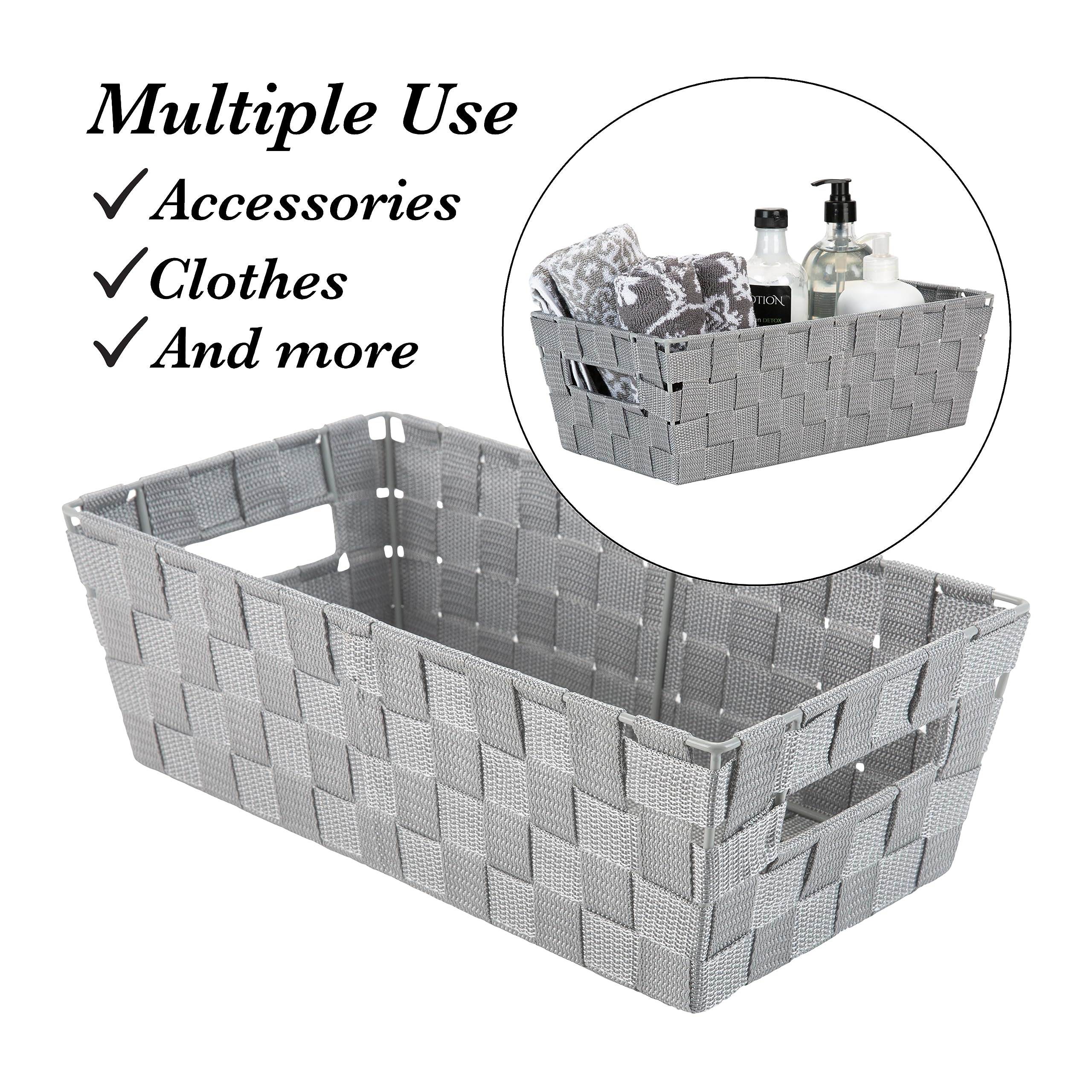 Extra Long Woven Strap Storage Tote Basket with Built-in Handles - Perfect for Bedroom, Bathroom, Nursery Organization - Ideal for Toys, Accessories & Gift Storage - 1 Pack Heather Grey - Home Decor & Closet Organizer Solution