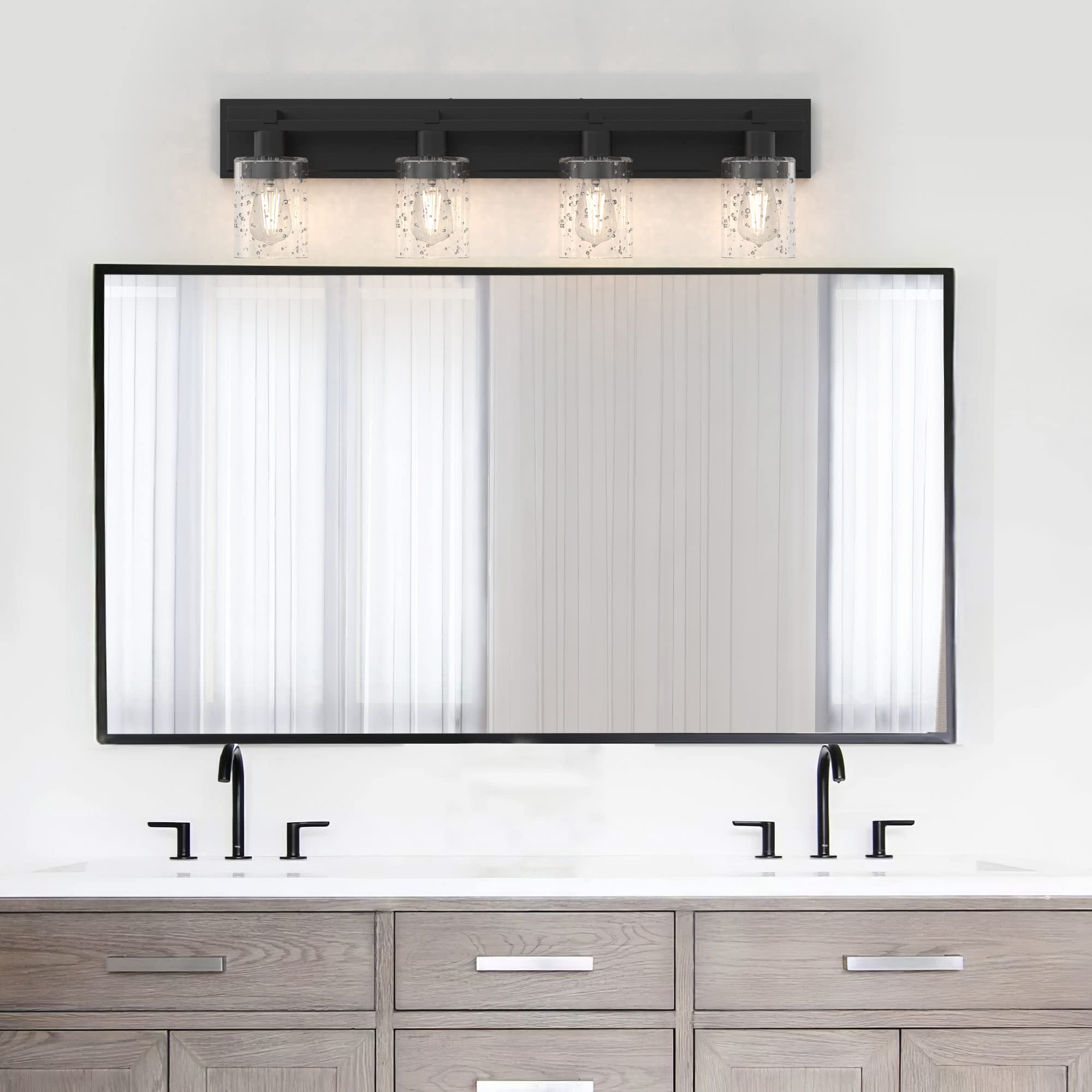 Modern Matte Black Bathroom Vanity Light - 4-Light Wall Sconce with Thickened Seeded Glass Shade, 33 Inch Contemporary Fixture for Mirror Lighting | Perfect for Bathroom, Powder Room, and Dressing Area Makeup Vanity