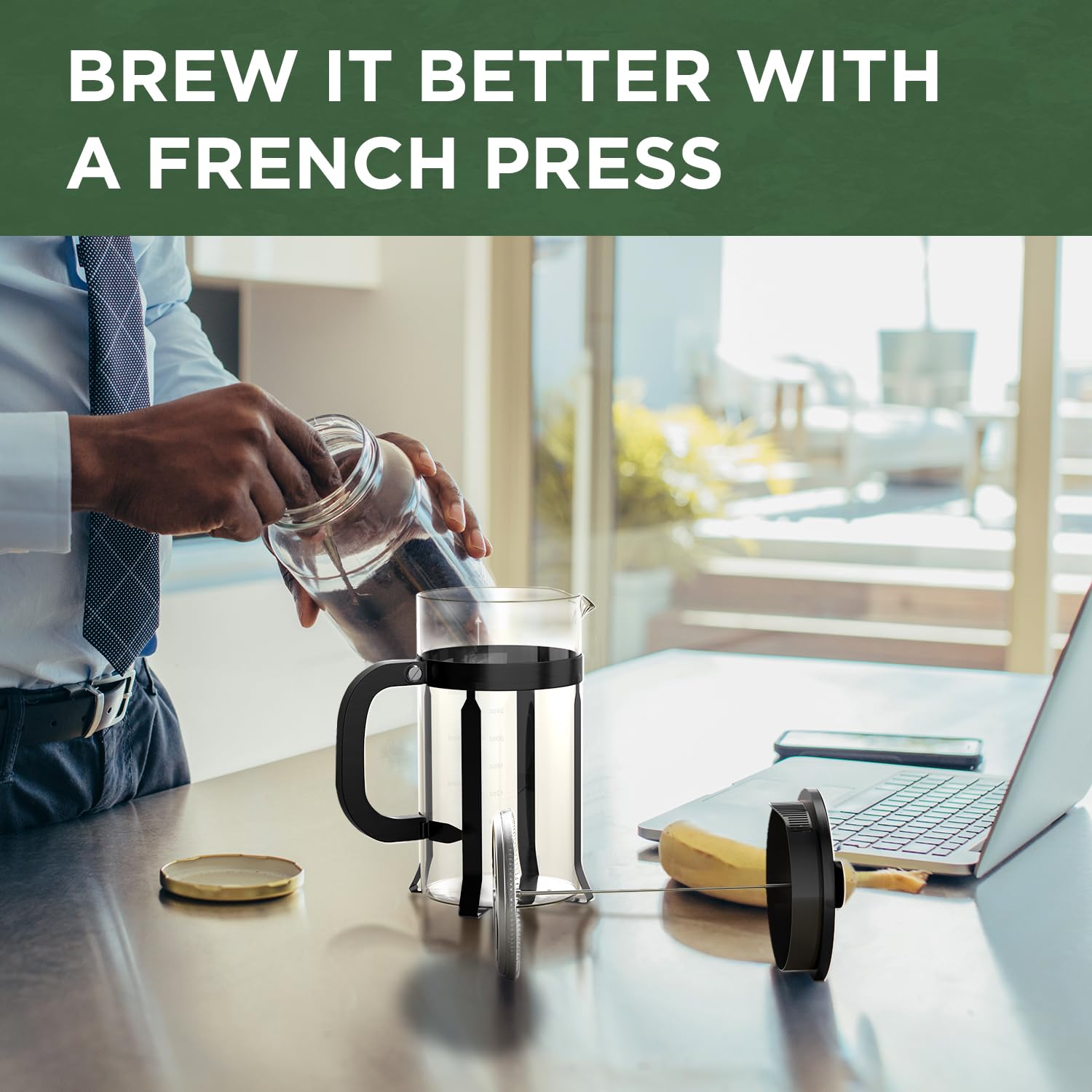 Premium Stainless Steel French Press Coffee Maker - 34oz (1L) Borosilicate Glass, Heat Resistant for Hot & Cold Brew Coffee, Tea, Espresso | Perfect for Home, Office, Camping & Gifts