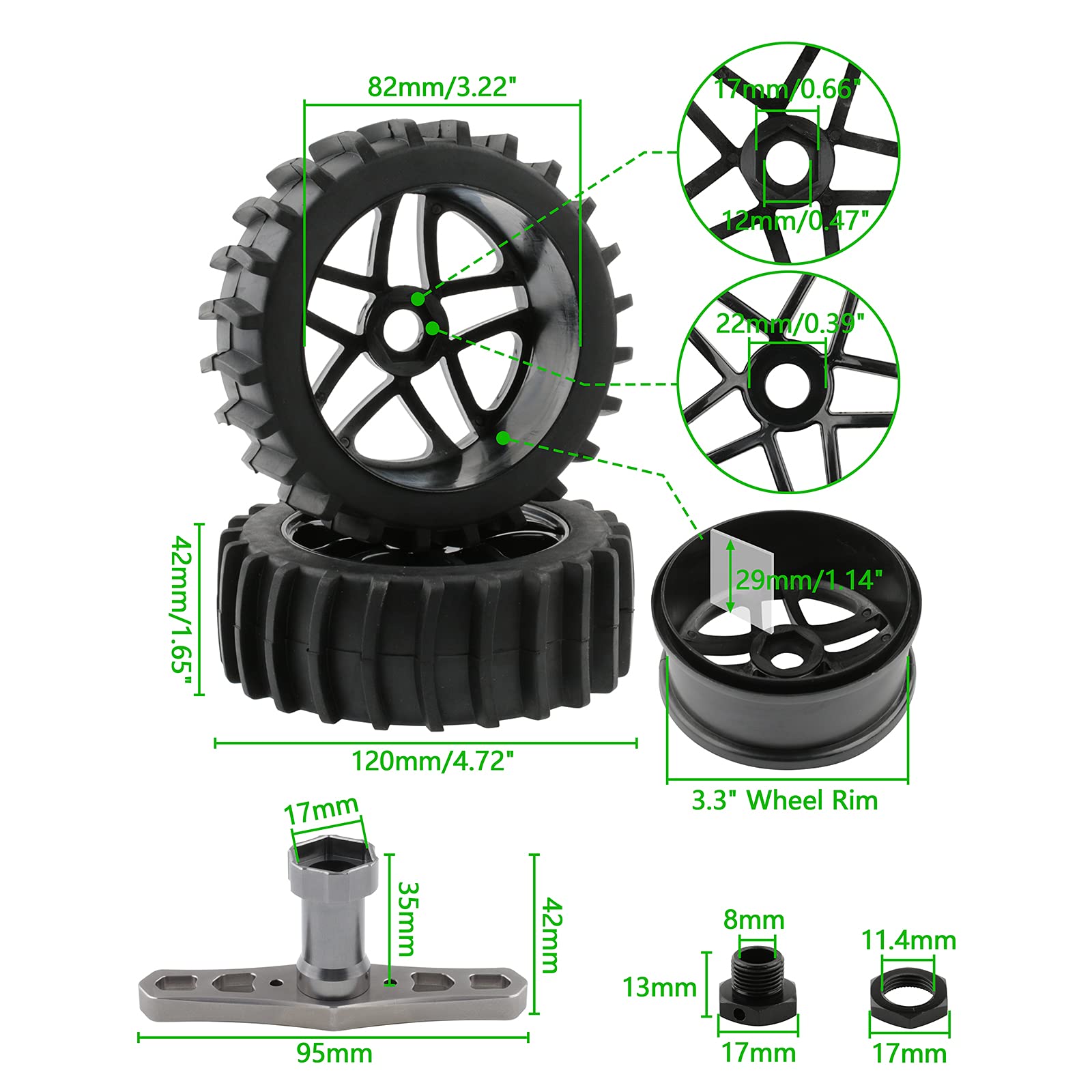 1/8 Scale RC Off-Road Buggy Tires & Wheels Set - 4pcs 17mm Hex Tires with Hex Adapters, Nuts & Wrench for Sand, Snow, Rally & Short Course Terrain - Durable Black RC Car Tires for Hobbyists & Racers (Perfect for Bashing, Crawling & Competitive Racing)