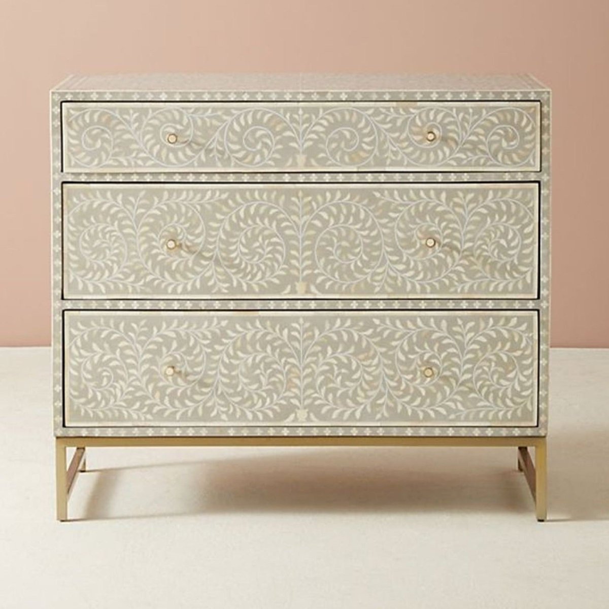 Handmade Bone Inlay Floral Design Grey Three-Drawer Dresser - Perfect for Bedroom, Living Room, or Guest Room Storage