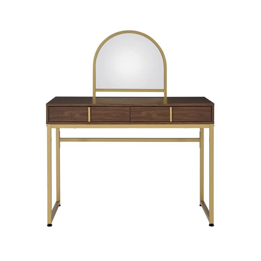 Acme Coleen Vanity Desk - Walnut & Gold Finish Modern Dressing Table with Mirror | Perfect for Bedroom Makeup & Skincare Routine