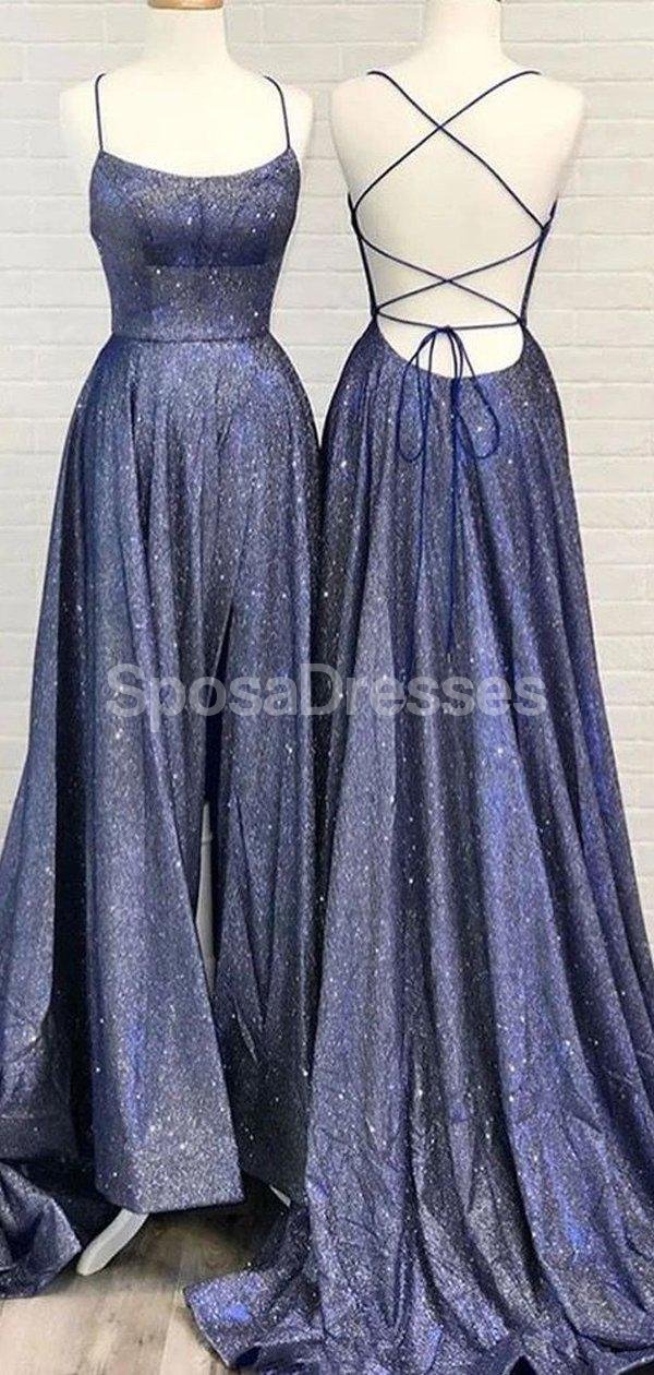 Elegant Navy Blue Glitter Spaghetti Strap Long Prom Dress for Evening Party & Formal Events - Perfect for Prom Night, Homecoming, and Special Occasions