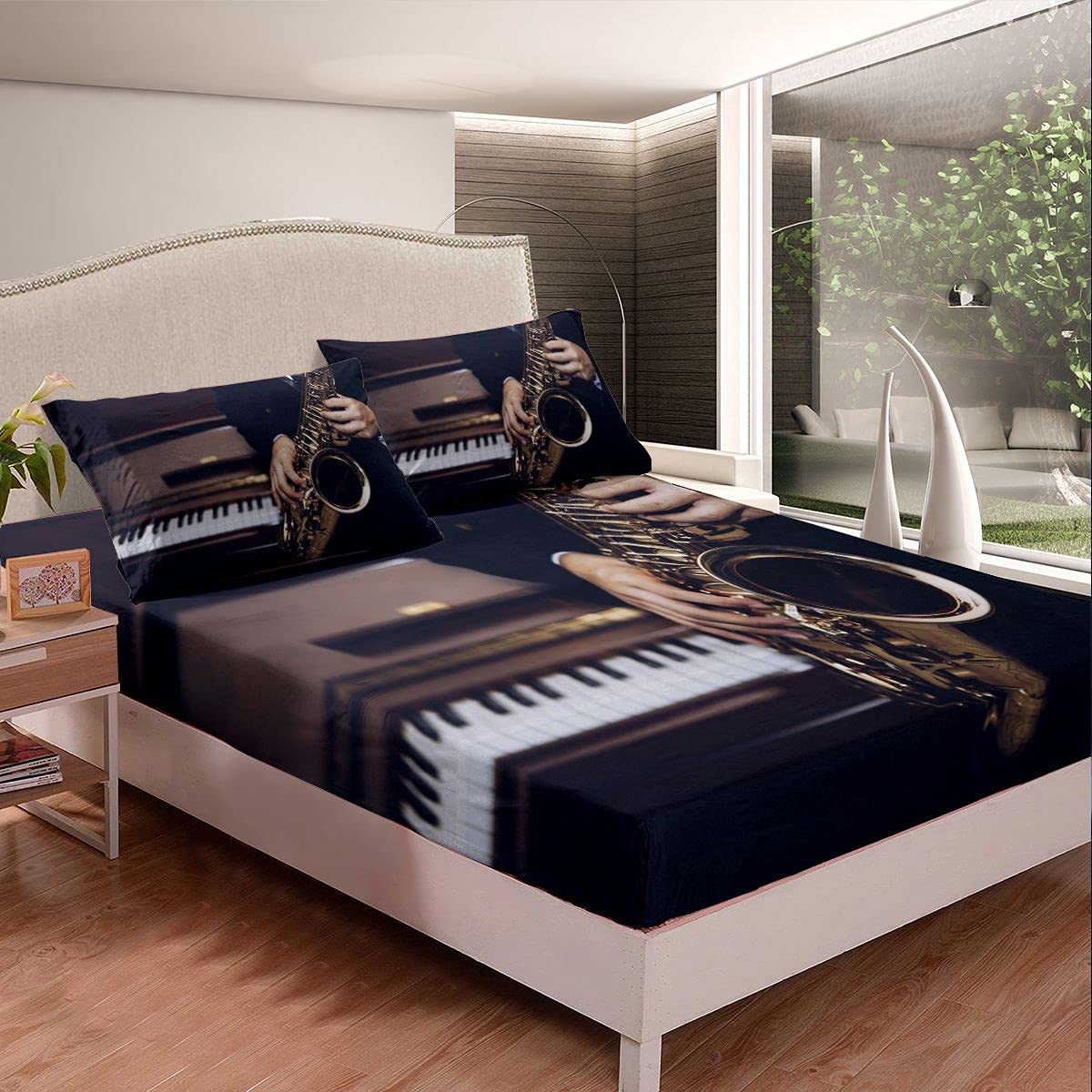 Erosebridal Saxophone & Piano Bed Sheet Set - Jazz Music Themed Fitted Sheet for Kids, Teens & Adults - Rock & Roll Instrument Bedding for Twin Size Beds - Perfect for Music Lover's Bedroom Decor & Themed Party Room Setup