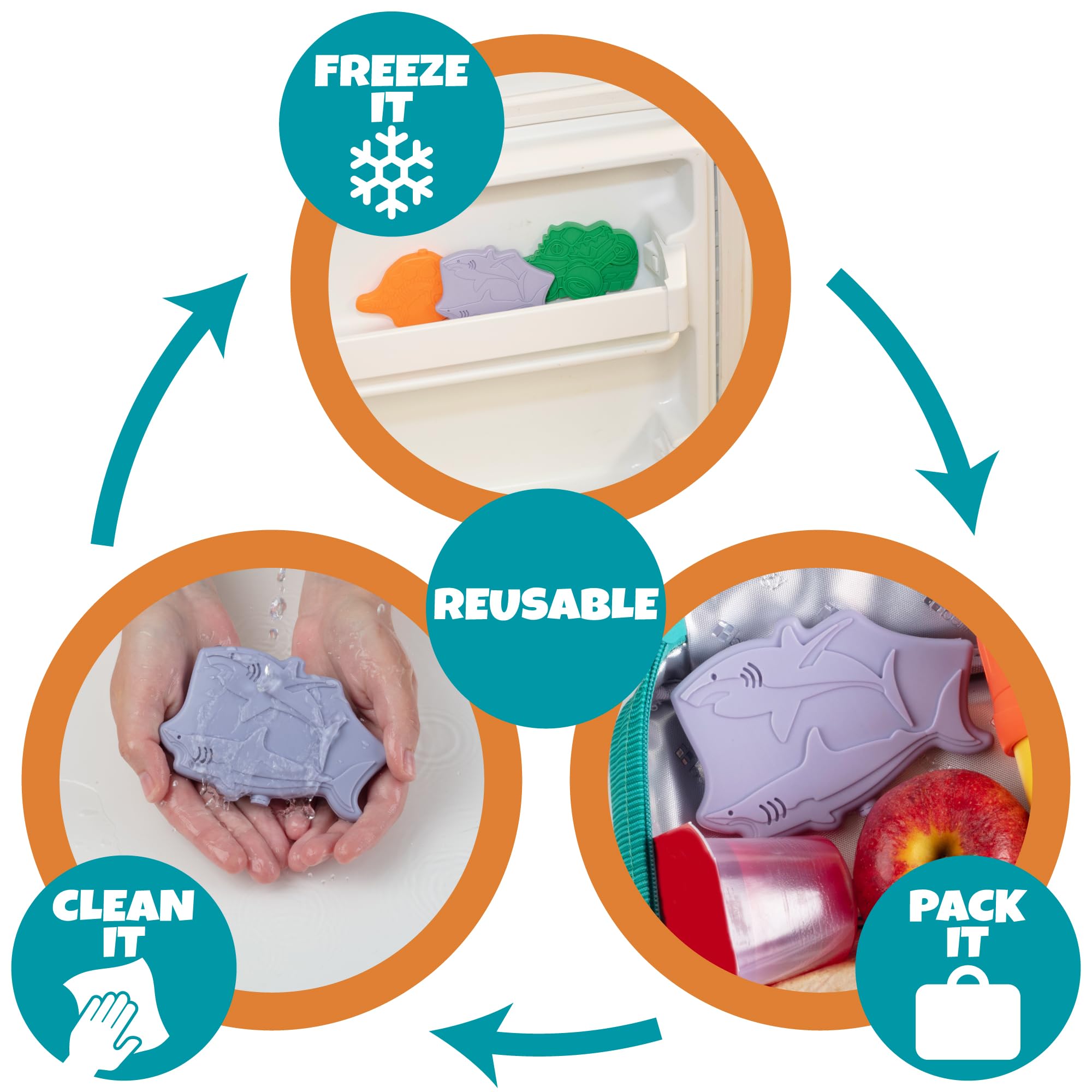 Shark Reusable Hard Ice Pack - Set of 3 - Long Lasting Slim Freezer Packs for Kids Lunch Box, Bento, Insulated Cooler Bag - Space Saving Design Keeps Food Cold for Hours - Perfect for School, Picnics, Camping & Outdoor Activities