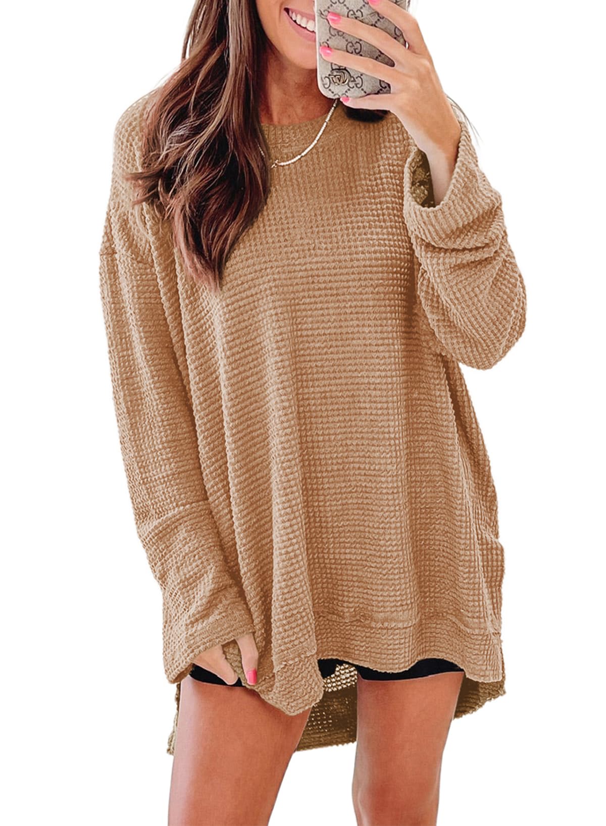 Women's Long Sleeve Oversized Crewneck Sweatshirt - Waffle Knit Casual Top for Spring 2025 | Perfect for Layering, Lounge Wear & Everyday Comfort