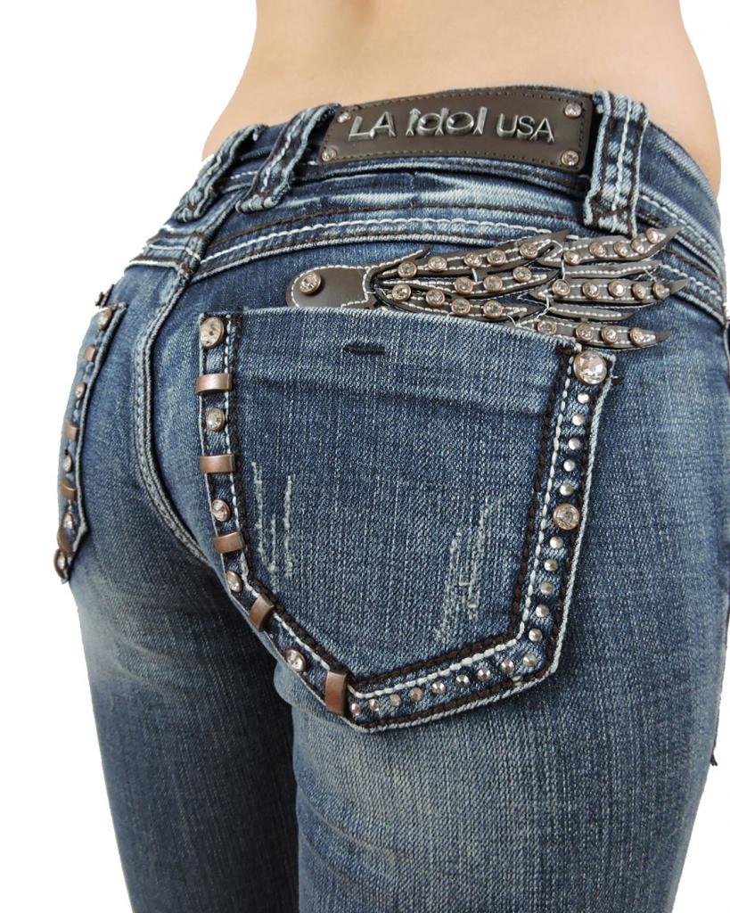 LA Idol Women's Capri Jeans with Angel Wing Crystal Embellishment - Vintage Blue Wash Stretch Denim for Casual Outfits & Summer Fashion