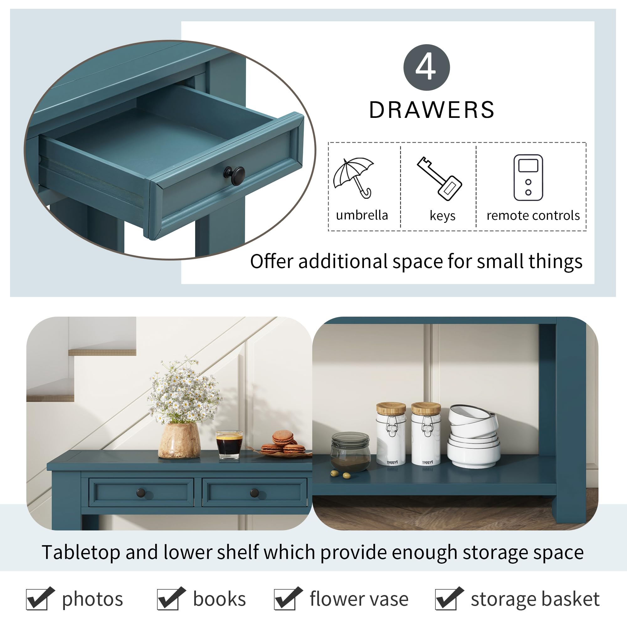 LZ LEISURE ZONE Console Table with Storage Drawers & Bottom Shelf - Entryway Sofa Table for Hallway, Living Room (Dark Blue) | Perfect for Small Spaces, Home Decor & Organization