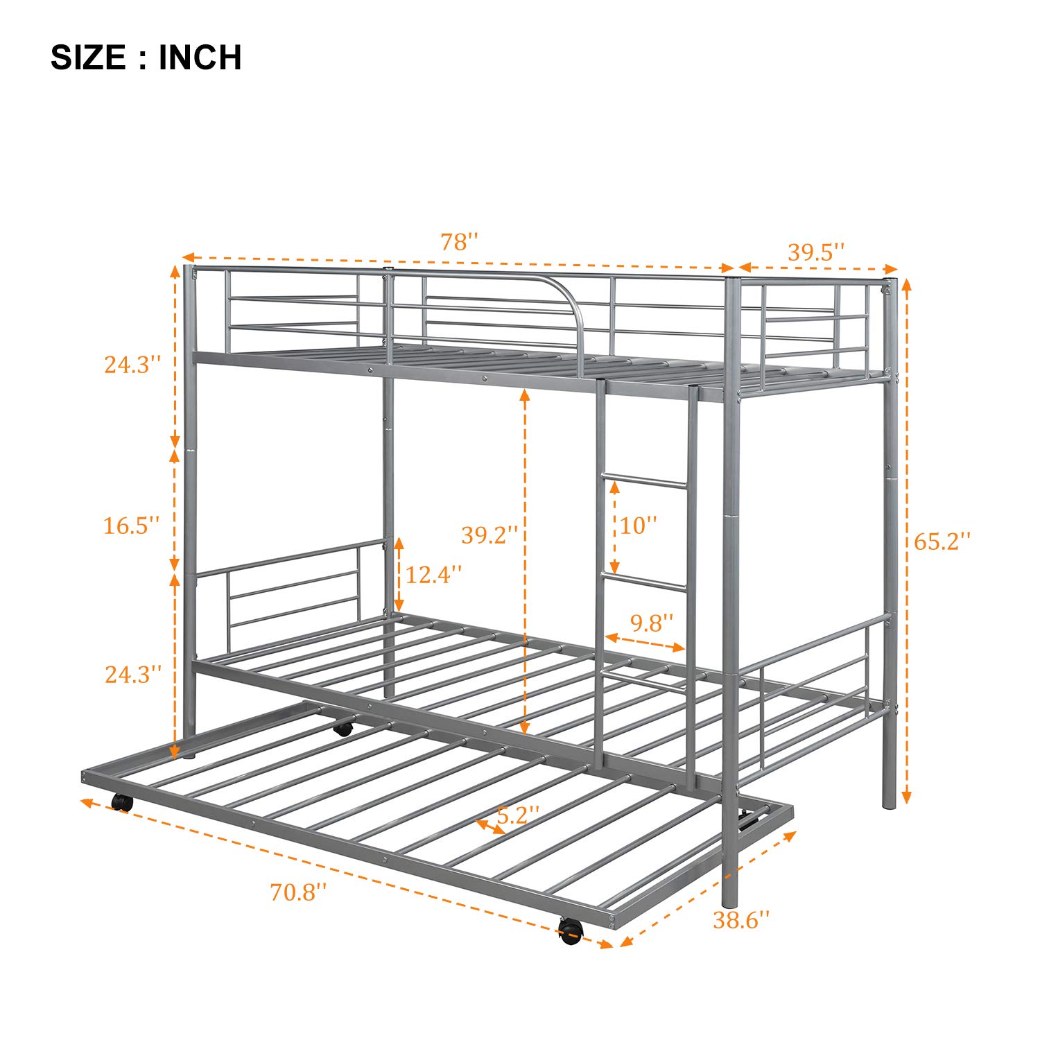 Harper & Bright Designs Twin Over Twin Metal Bunk Bed with Trundle, Ladder & Safety Rail - Space-Saving Kids Bedroom Furniture for Sleepovers & Small Rooms (Silver, Twin/Twin)