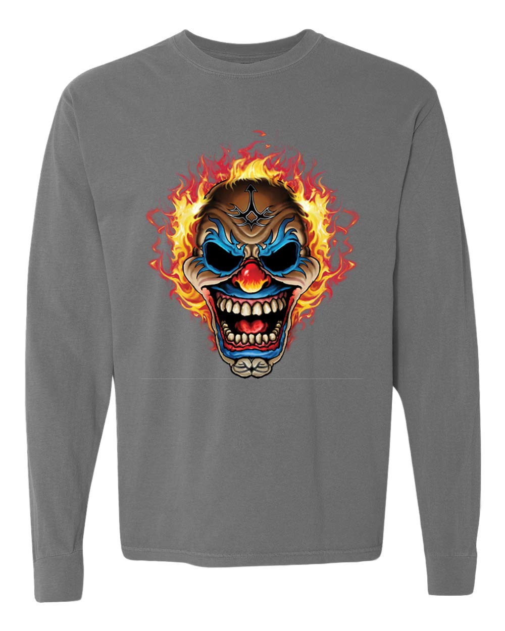 Wild Bobby Flaming Laughing Fierce Clown Graphic Streetwear T-Shirt | Garment-Dyed Long Sleeve Tee | Vintage Washed Look | Perfect for Halloween Costumes, Cosplay & Urban Fashion