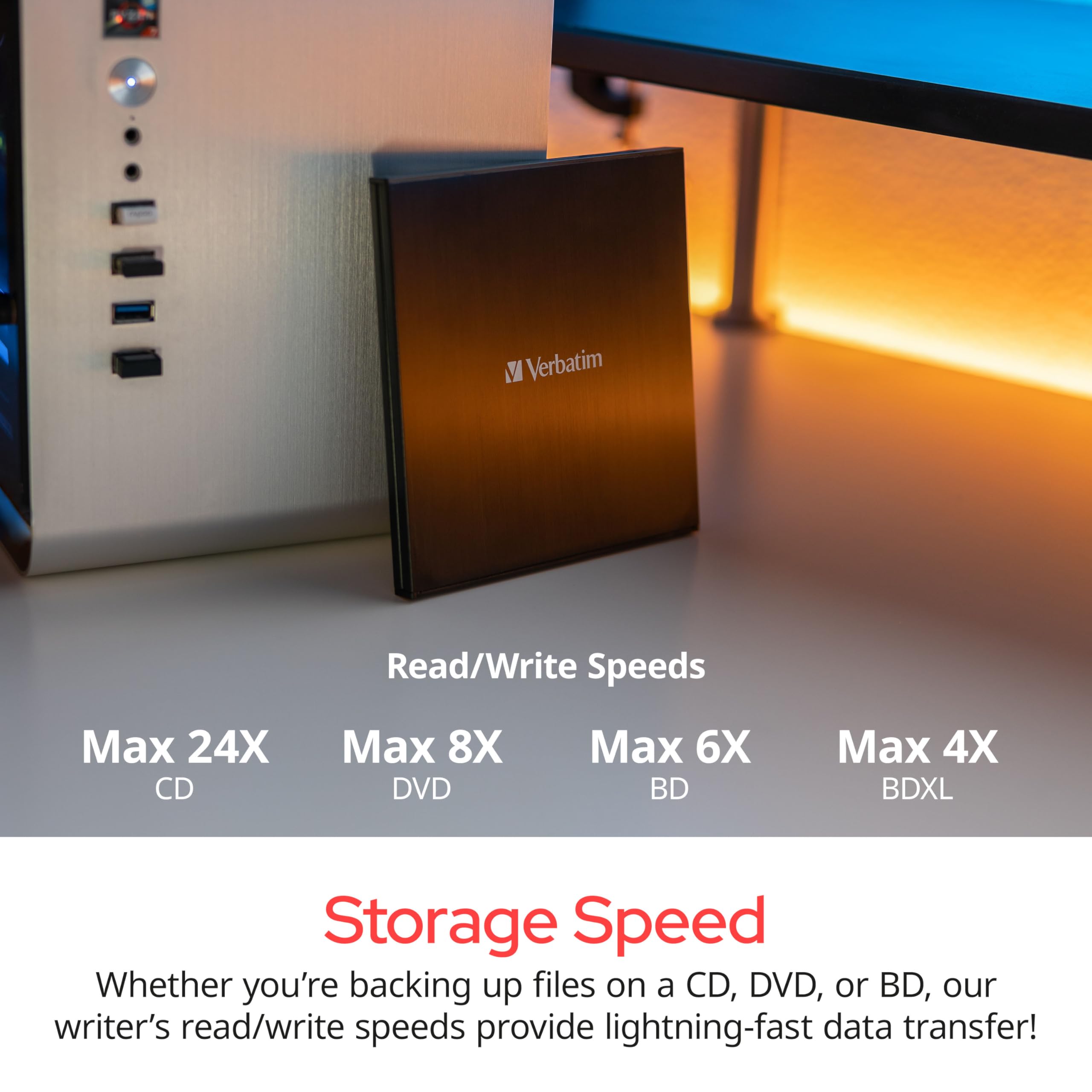 Verbatim Slimline External Blu-ray Writer & Reader - USB 3.2 Gen 1 with USB-C Connection - Ultra HD 4K Playback - Compact Design for Laptops & Desktop PCs - Perfect for Home Theater & Media Backup