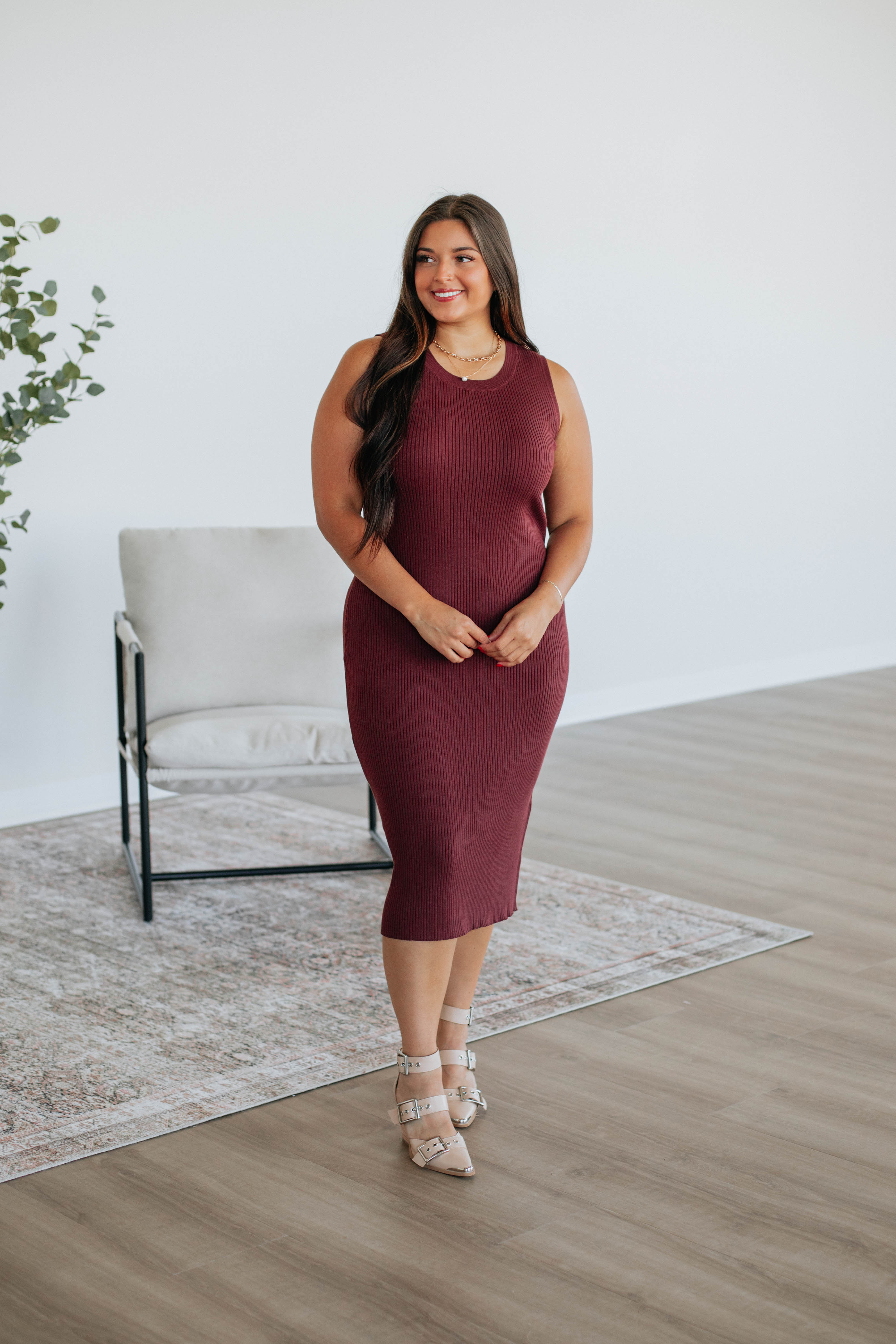 Carina Midi Dress for Women - Elegant Merlot Wine Color Flowy Summer Dress - Perfect for Weddings, Parties & Date Nights