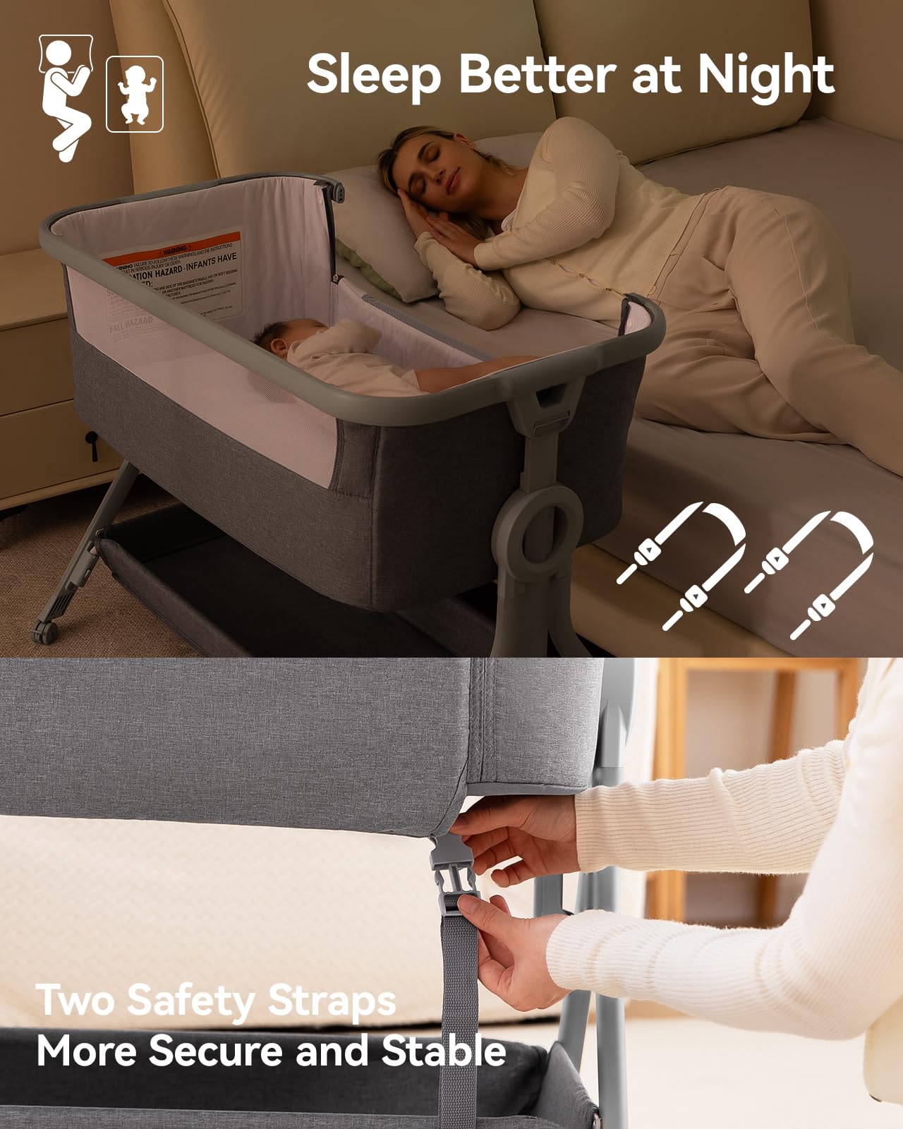 Larex Adjustable Baby Bassinet Bedside Sleeper - Portable Crib with Storage Basket & Wheels for Newborns & Infants | Easy Fold Assembly | Grey | Perfect for Nursery, Bedroom & Travel