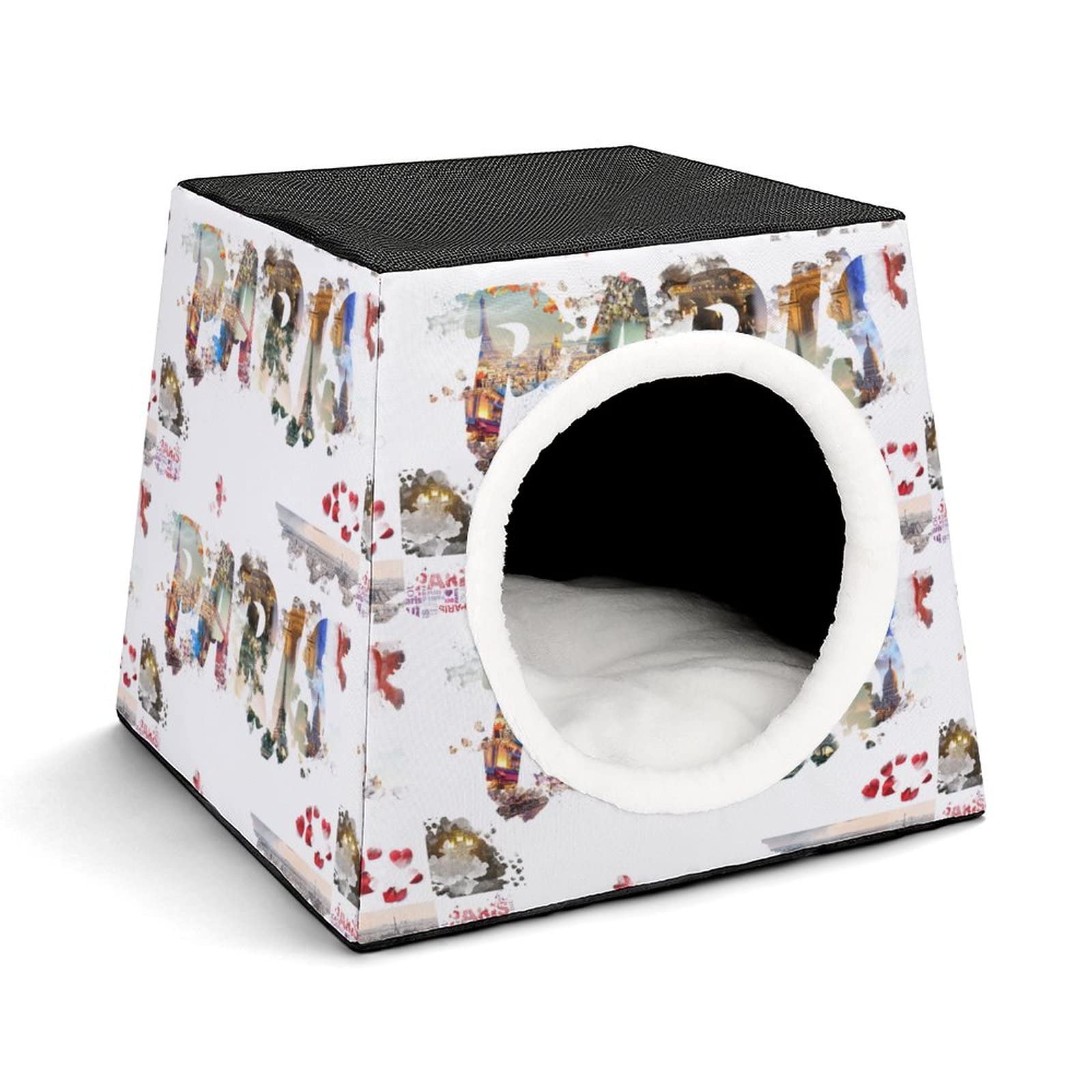 3-in-1 Multi-Functional Cat House with Bed & Sofa Design - Printed Kitty Cube Shelter for Indoor/Outdoor Use - Paris Themed (Perfect for Home, Office or Garden Pet Resting Space)