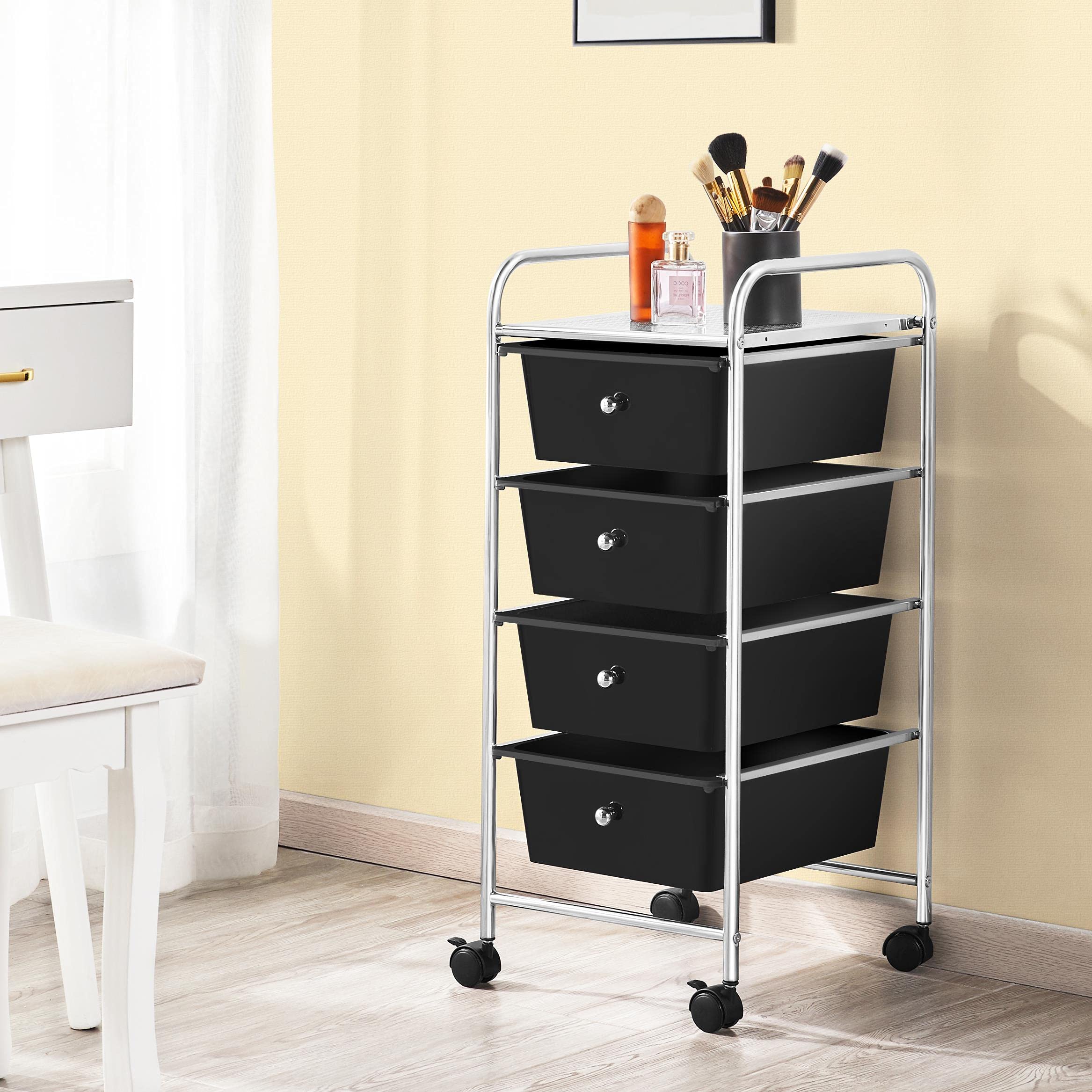 Yaheetech 4-Drawer Rolling Storage Cart with Metal Frame & Plastic Drawers - Mobile Organizer for Kitchen, Bathroom, Office, or Dorm - Black