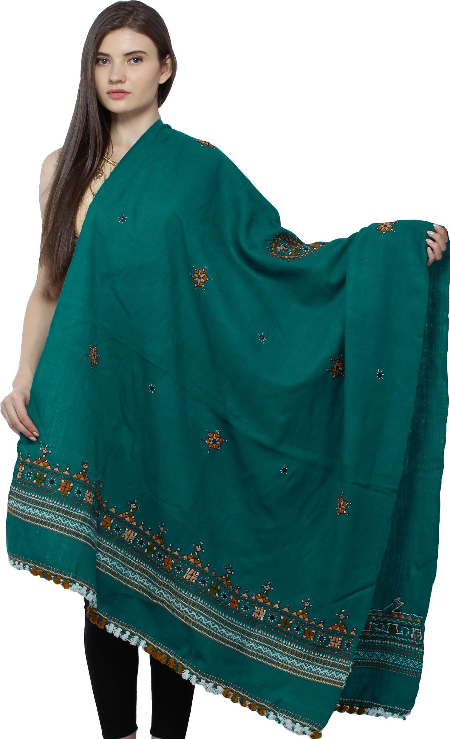 Exotic Indian Kutch Shawl with Embroidered Chakra & Mirror Work - 100% Pure Wool Scarf for Women - Perfect for Festivals, Weddings & Winter Fashion