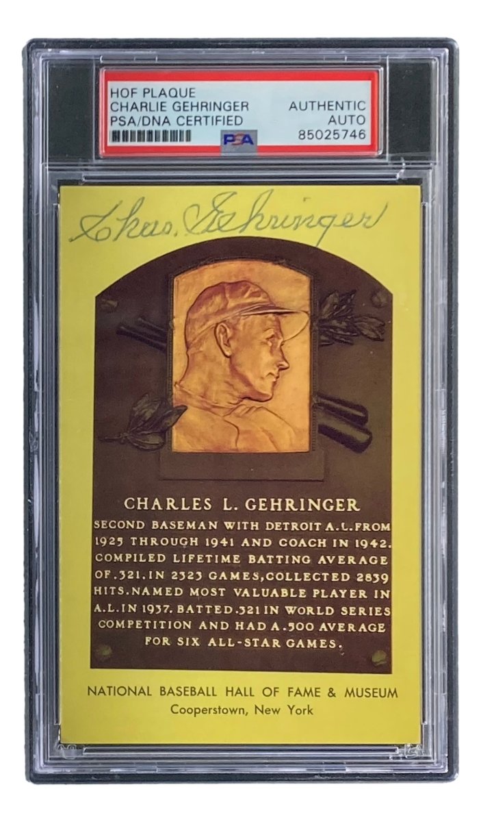 Charlie Gehringer Autographed 4x6 Detroit Tigers Hall of Fame Plaque Card with PSA/DNA Certification #85025746 - Perfect for Baseball Memorabilia Collectors and Tigers Fans Display