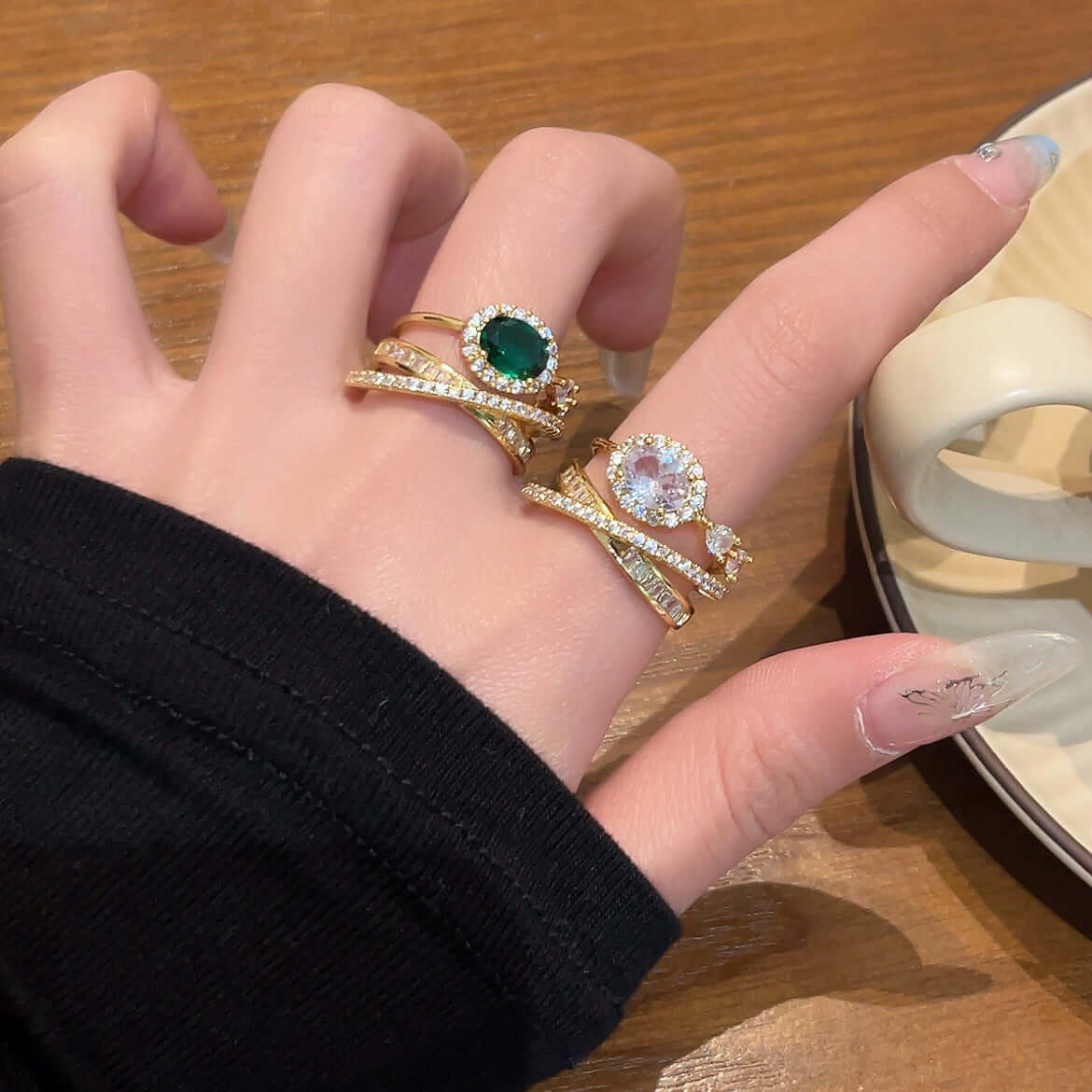 Emerald Green CZ Layered Cross Stacking Ring Set for Women | Elegant Jewelry Gift for Christmas, Birthday & Anniversary | K4205
